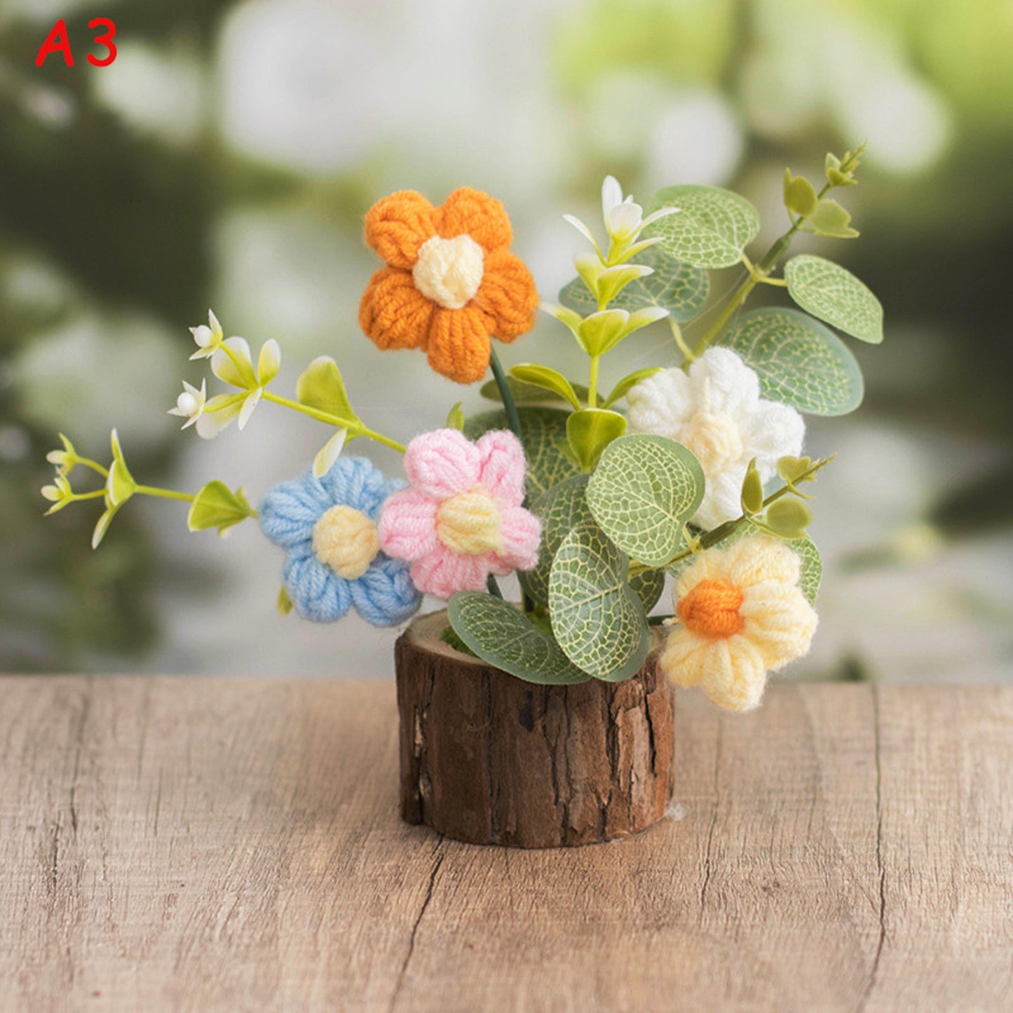 Handmade Crochet Flower Arrangement, Faux Floral Decor with Wooden Base, Cozy Home Decoration