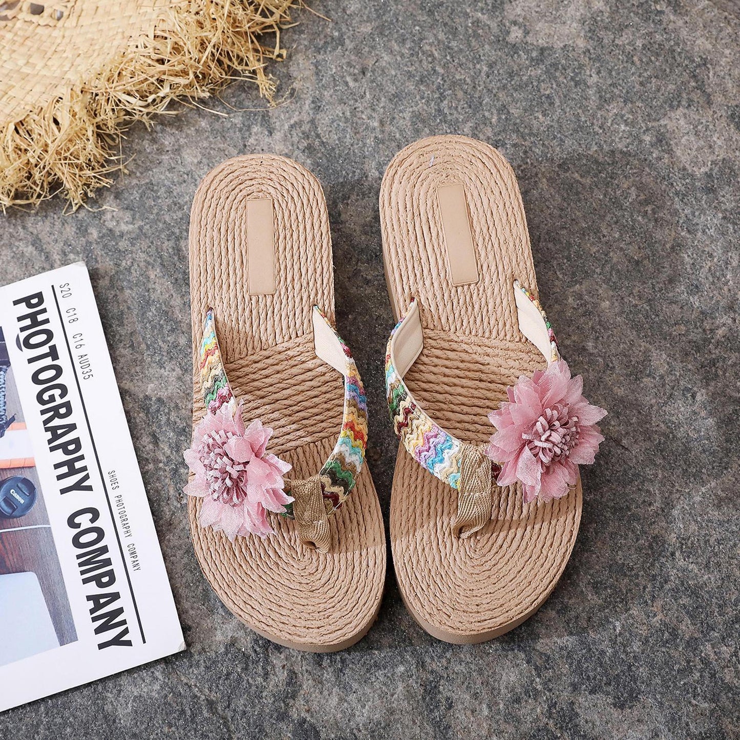 Handmade Crocheted PP straw Flip Flops, Floral Wedge Sandals for Women, Boho Beach Thong Slippers, Summer Straw High Heel Slides
