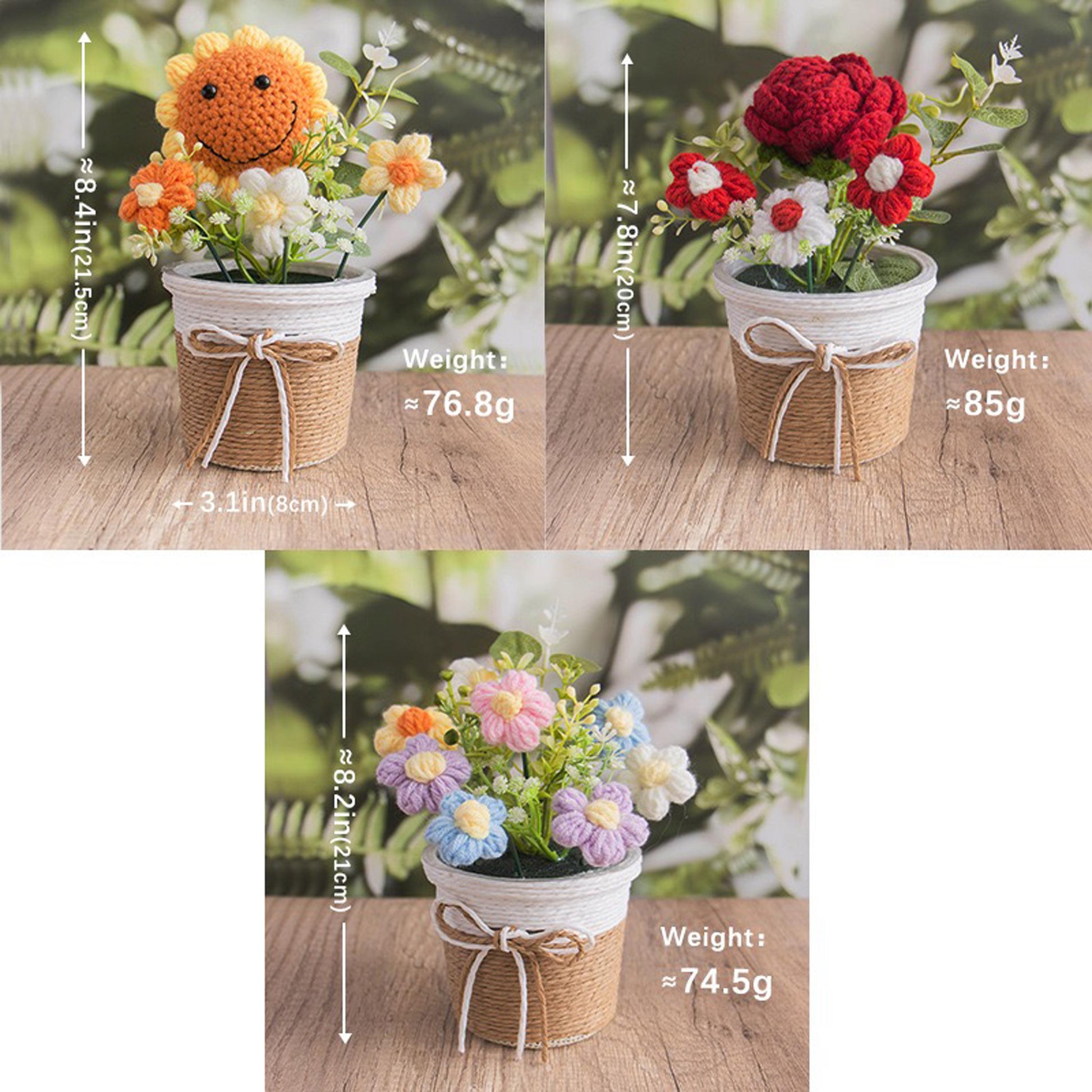 Handmade Crochet Flower Arrangement, Faux Floral Decor with Wooden Base, Cozy Home Decoration