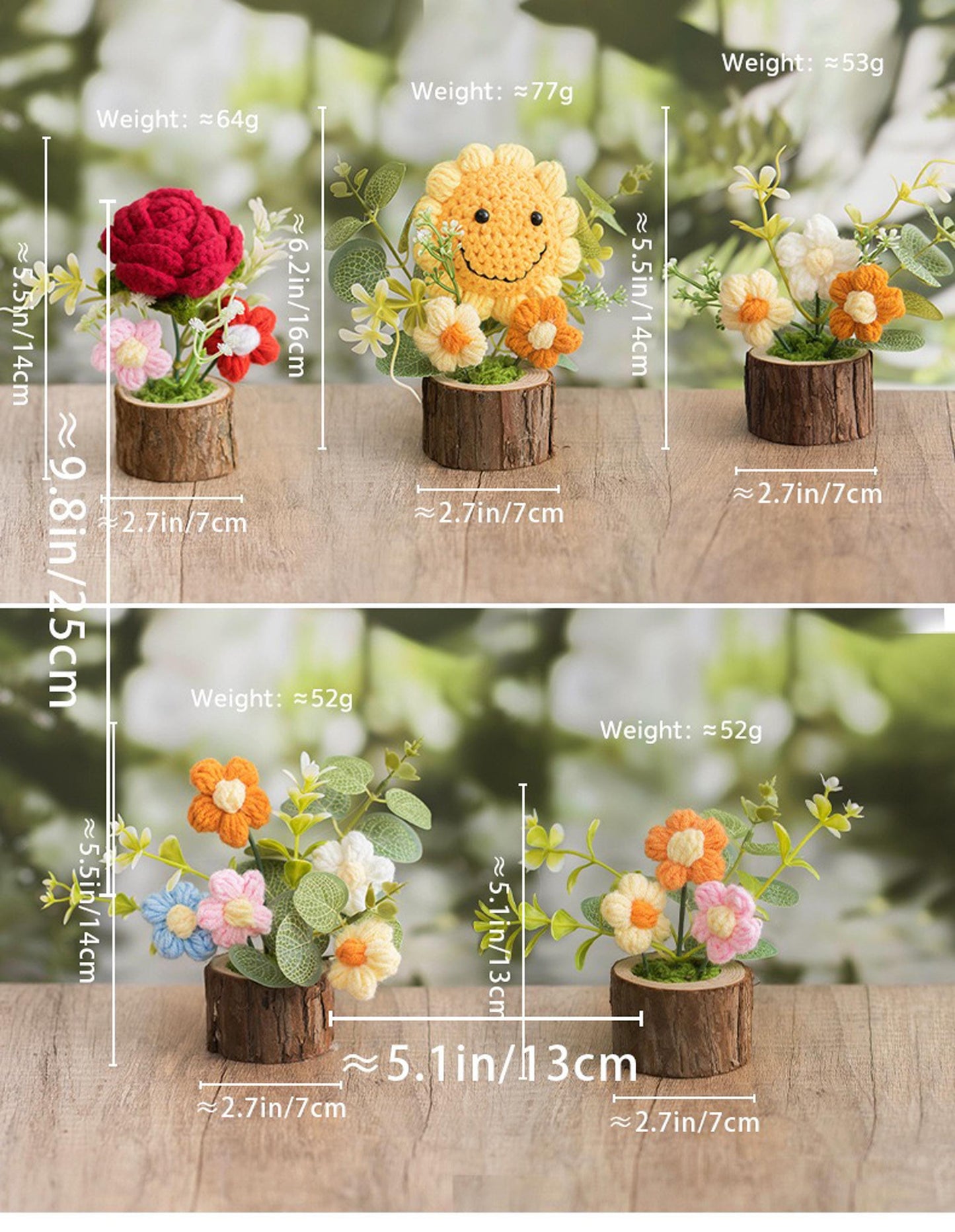 Handmade Crochet Flower Arrangement, Faux Floral Decor with Wooden Base, Cozy Home Decoration