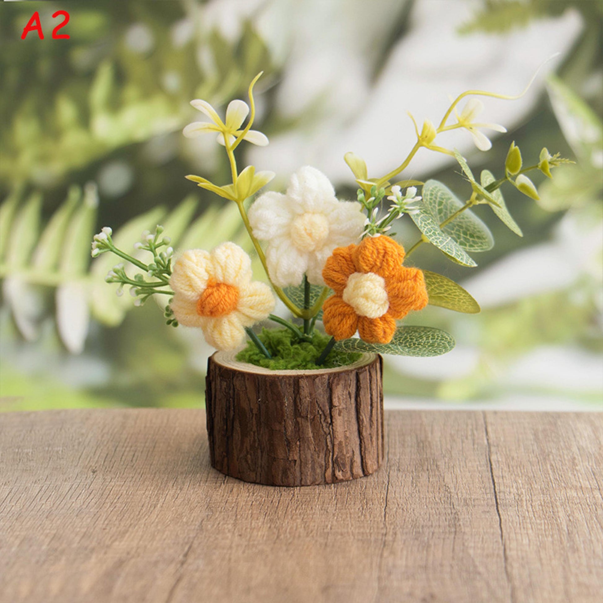 Handmade Crochet Flower Arrangement, Faux Floral Decor with Wooden Base, Cozy Home Decoration