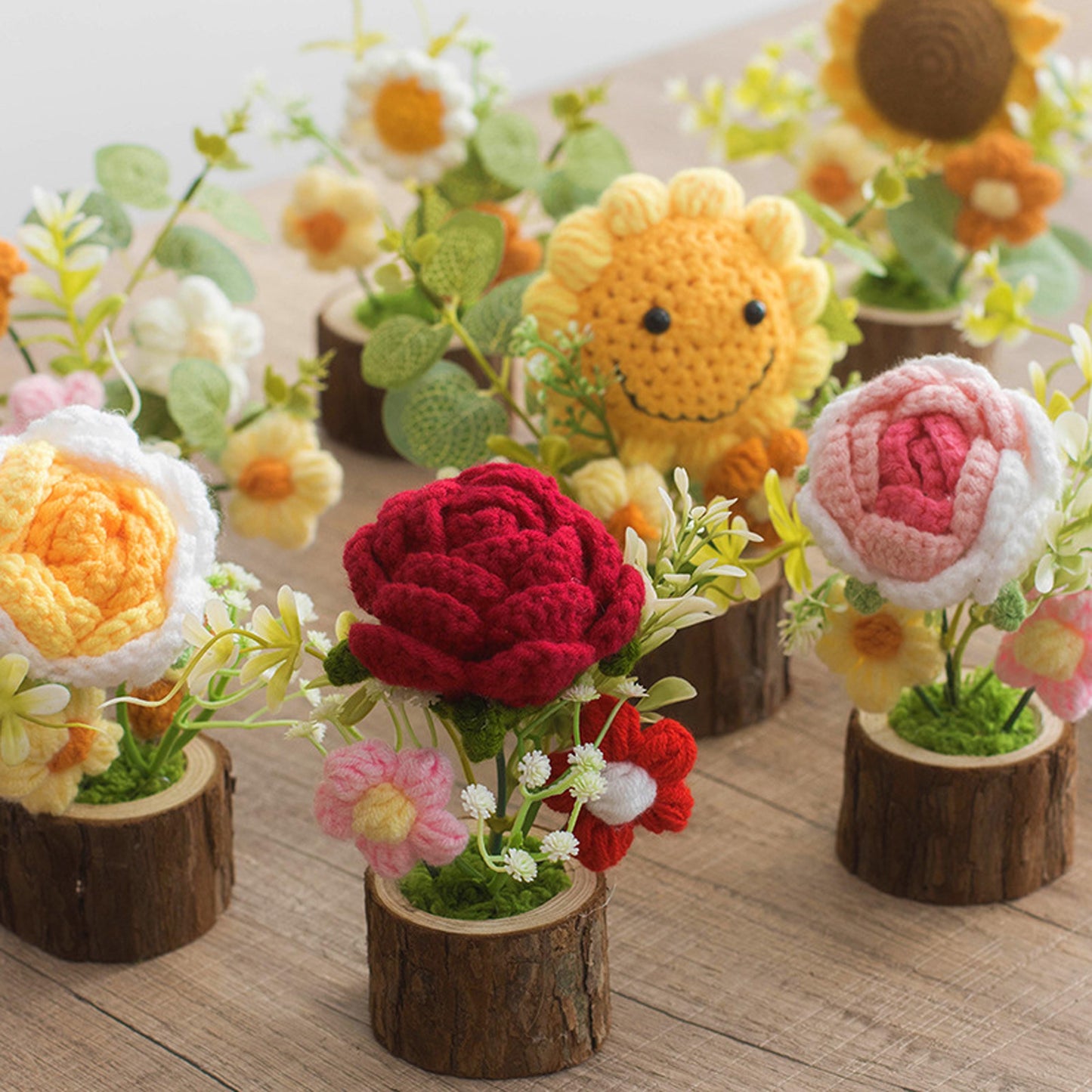 Handmade Crochet Flower Pot Decor, Knitted Faux Floral Arrangement, Cozy Home Table Centerpiece