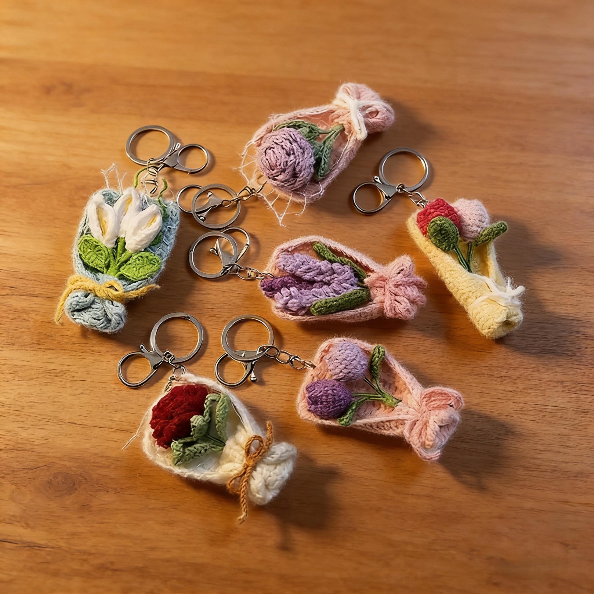 Handmade Crochet Flower Keychain, Mini Knitted Bouquet Keyring, Cute Floral Bag Charm, Gift for Her, Aesthetic Accessories