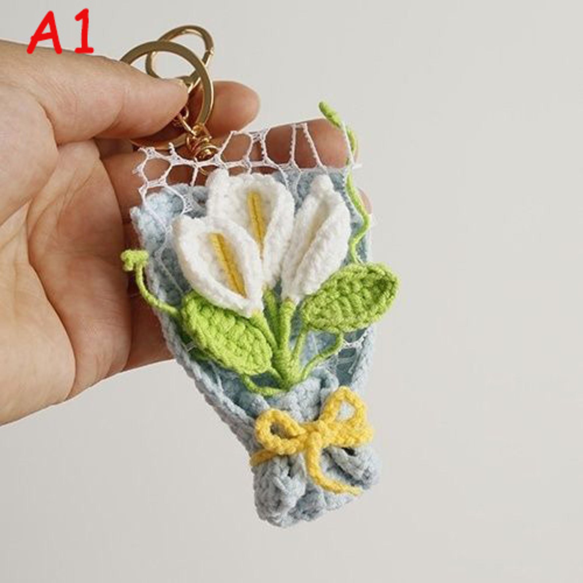 Handmade Crochet Flower Keychain, Yarn Knitted Floral Bag Charm, Cute Boho Key Ring, Gift for Her