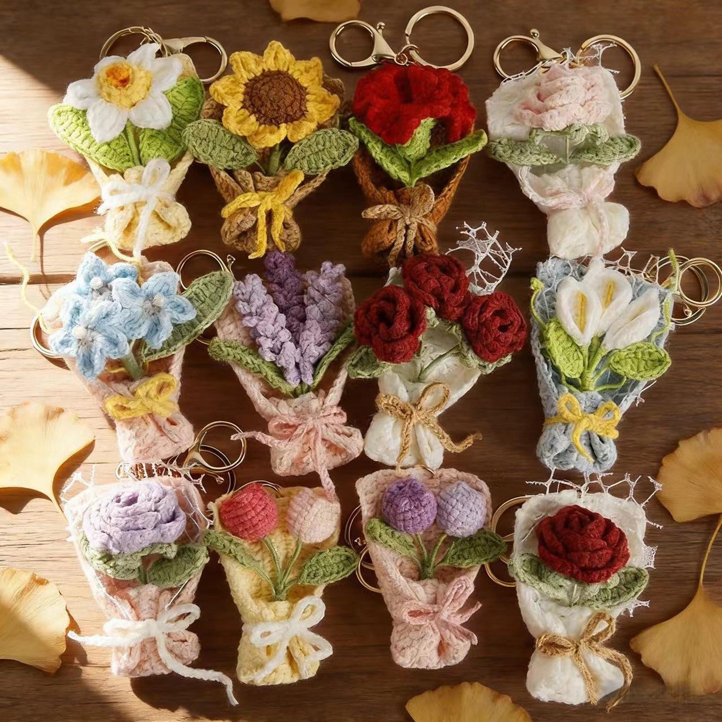Handmade Crochet Flower Keychain, Yarn Knitted Floral Bag Charm, Cute Boho Key Ring, Gift for Her