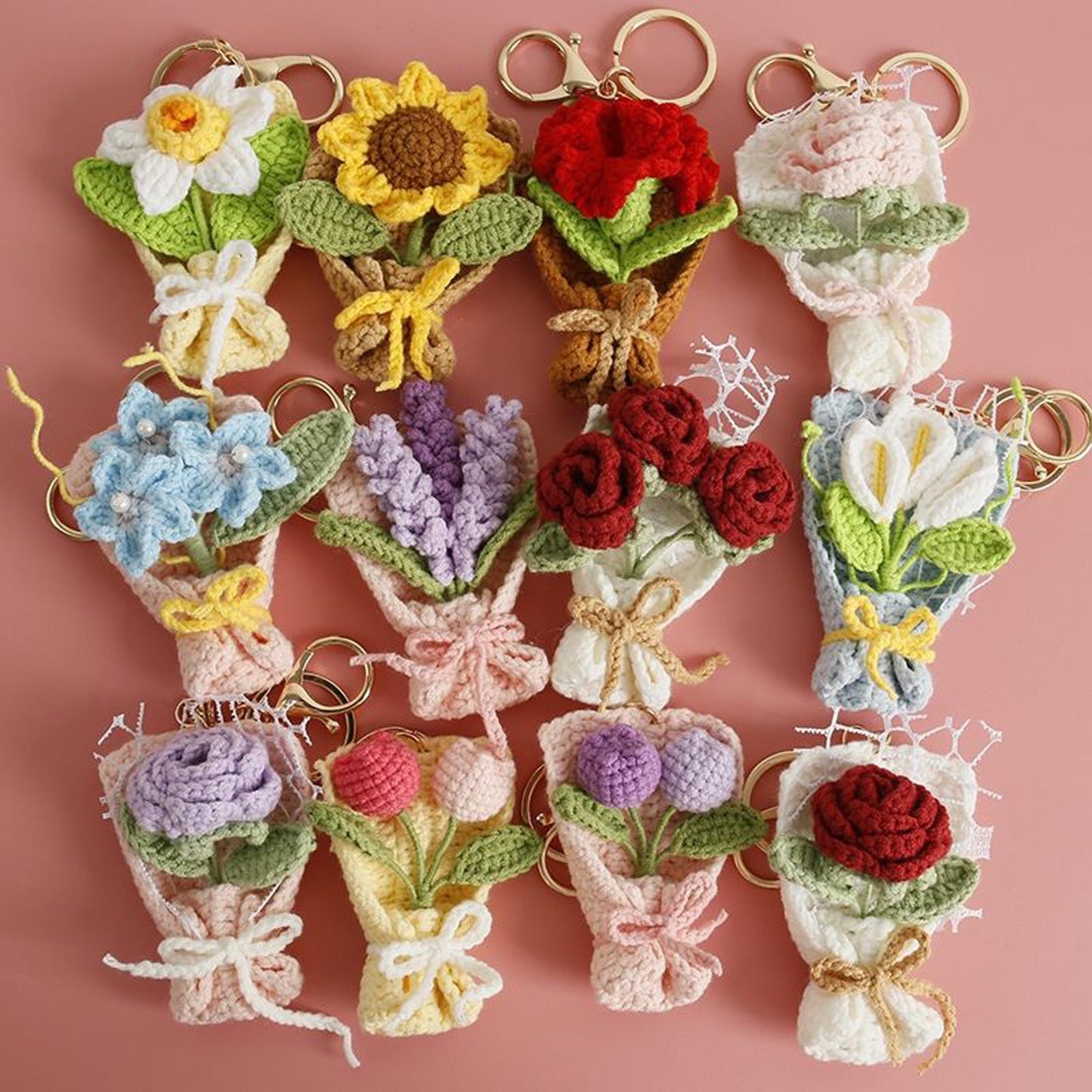Handmade Crochet Flower Keychain, Yarn Knitted Floral Bag Charm, Cute Boho Key Ring, Gift for Her