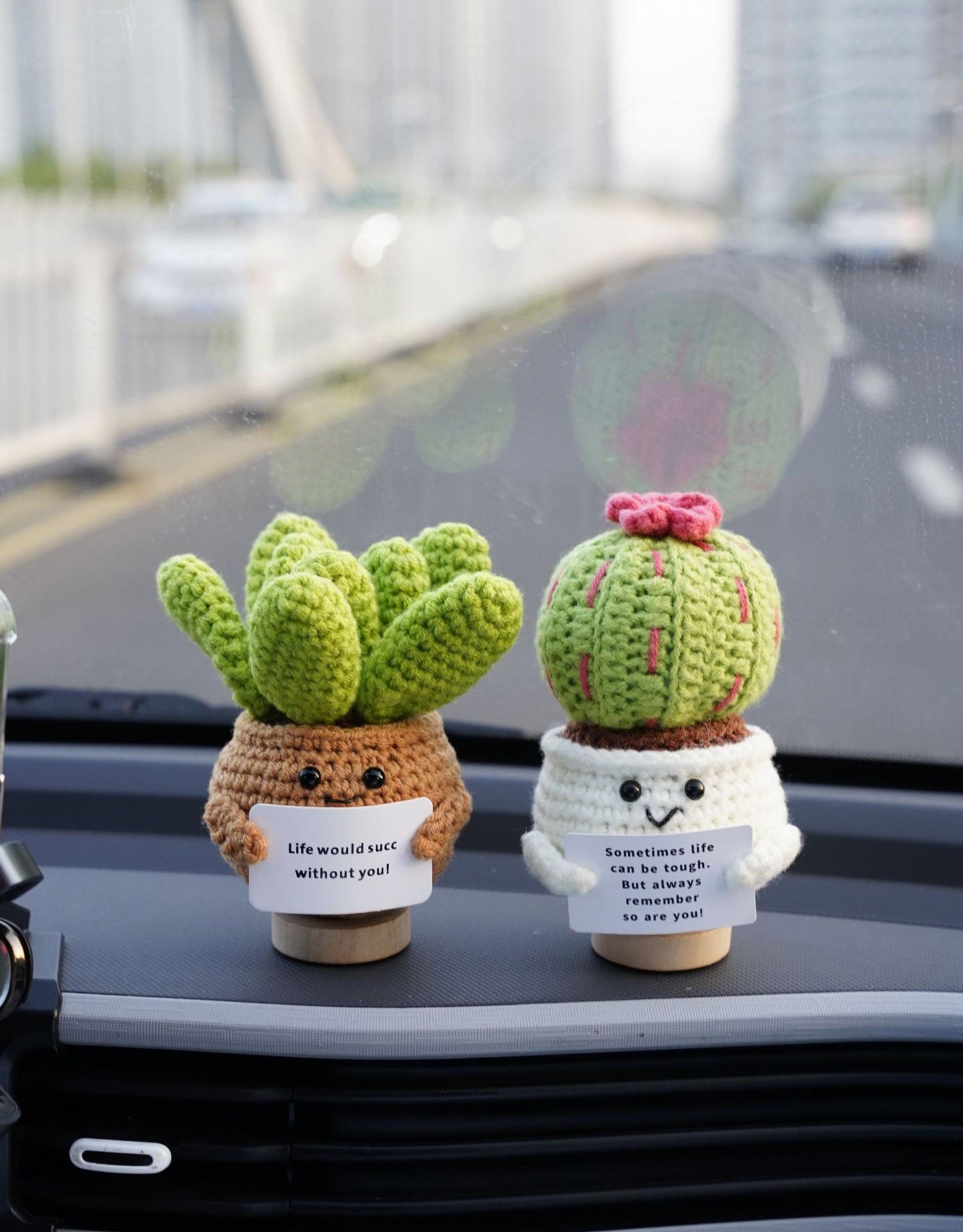 Handmade Crochet Plant Doll Car Decor, Cute Amigurumi Dashboard Ornament, Positive Gift