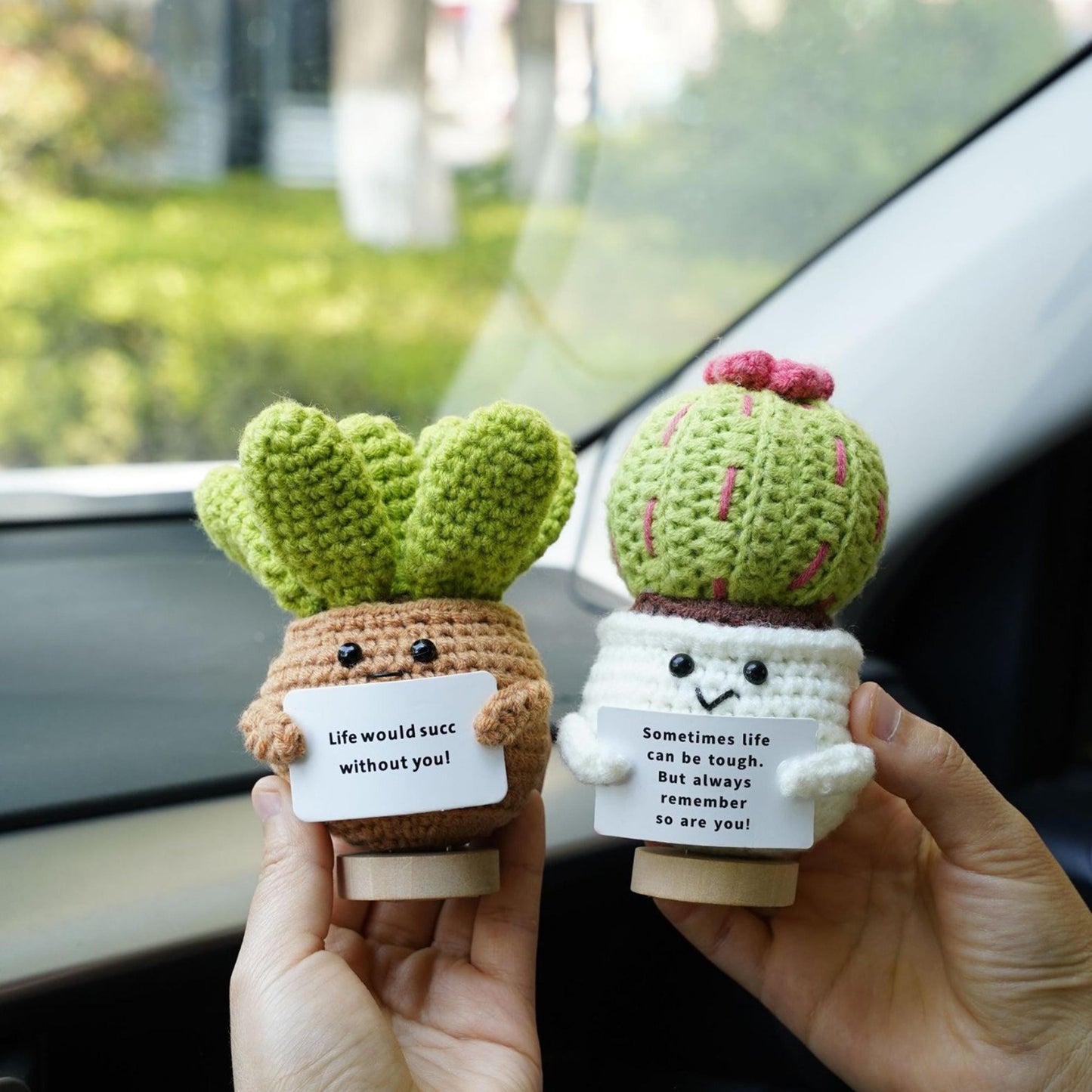 Handmade Crochet Plant Doll Car Decor, Cute Amigurumi Dashboard Ornament, Positive Gift