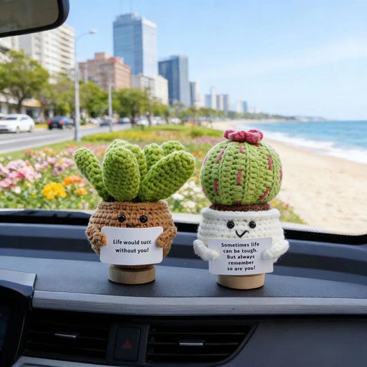 Handmade Crochet Plant Doll Car Decor, Cute Amigurumi Dashboard Ornament, Positive Gift