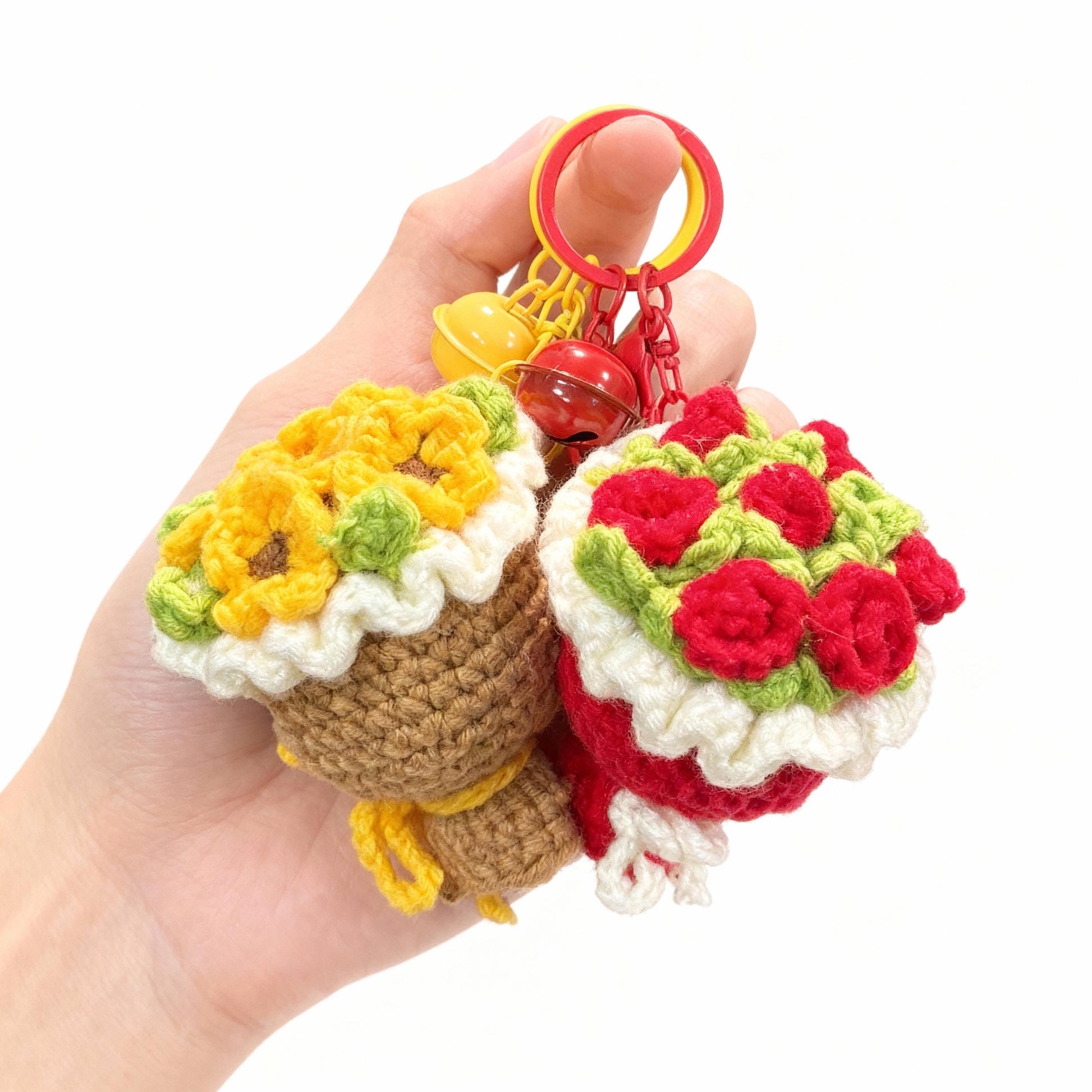 Handmade Crochet Flower Bouquet Keychain, Cute Yarn Knitted Floral Bag Charm, Boho Gift for Her