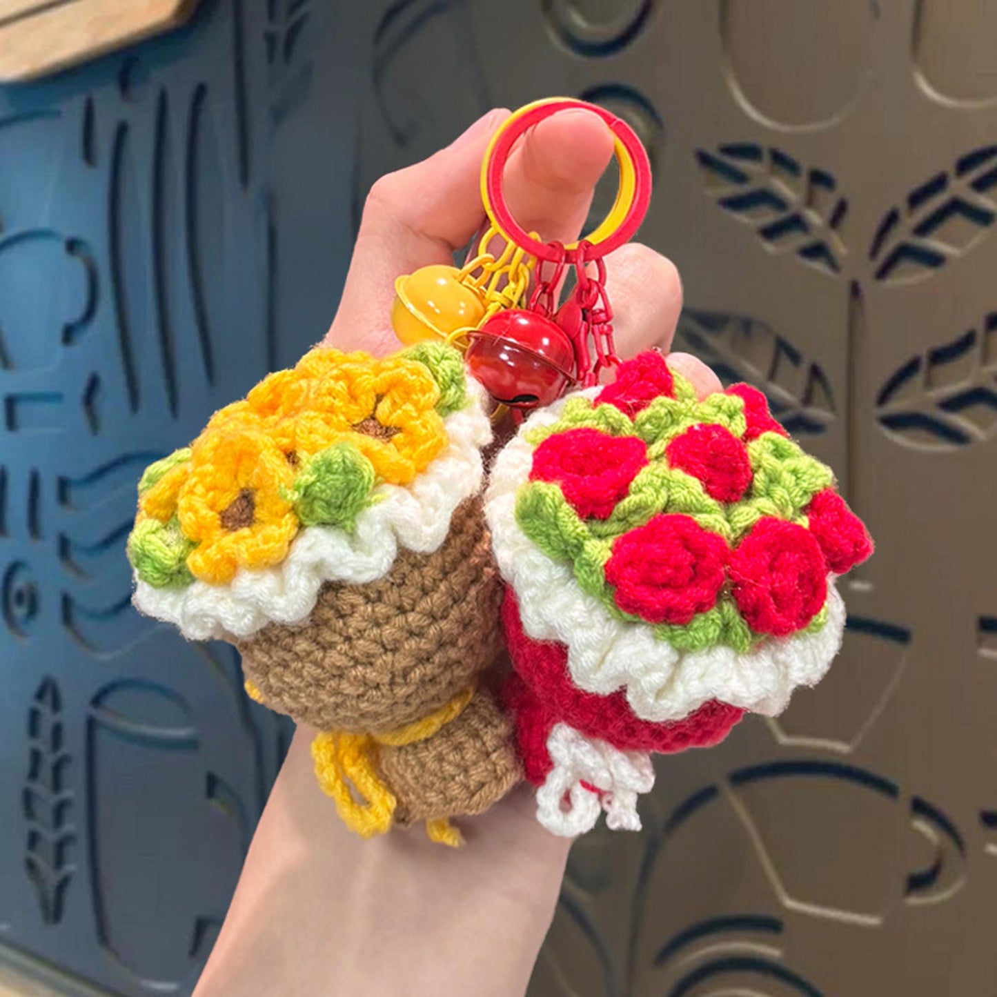 Handmade Crochet Flower Bouquet Keychain, Cute Yarn Knitted Floral Bag Charm, Boho Gift for Her