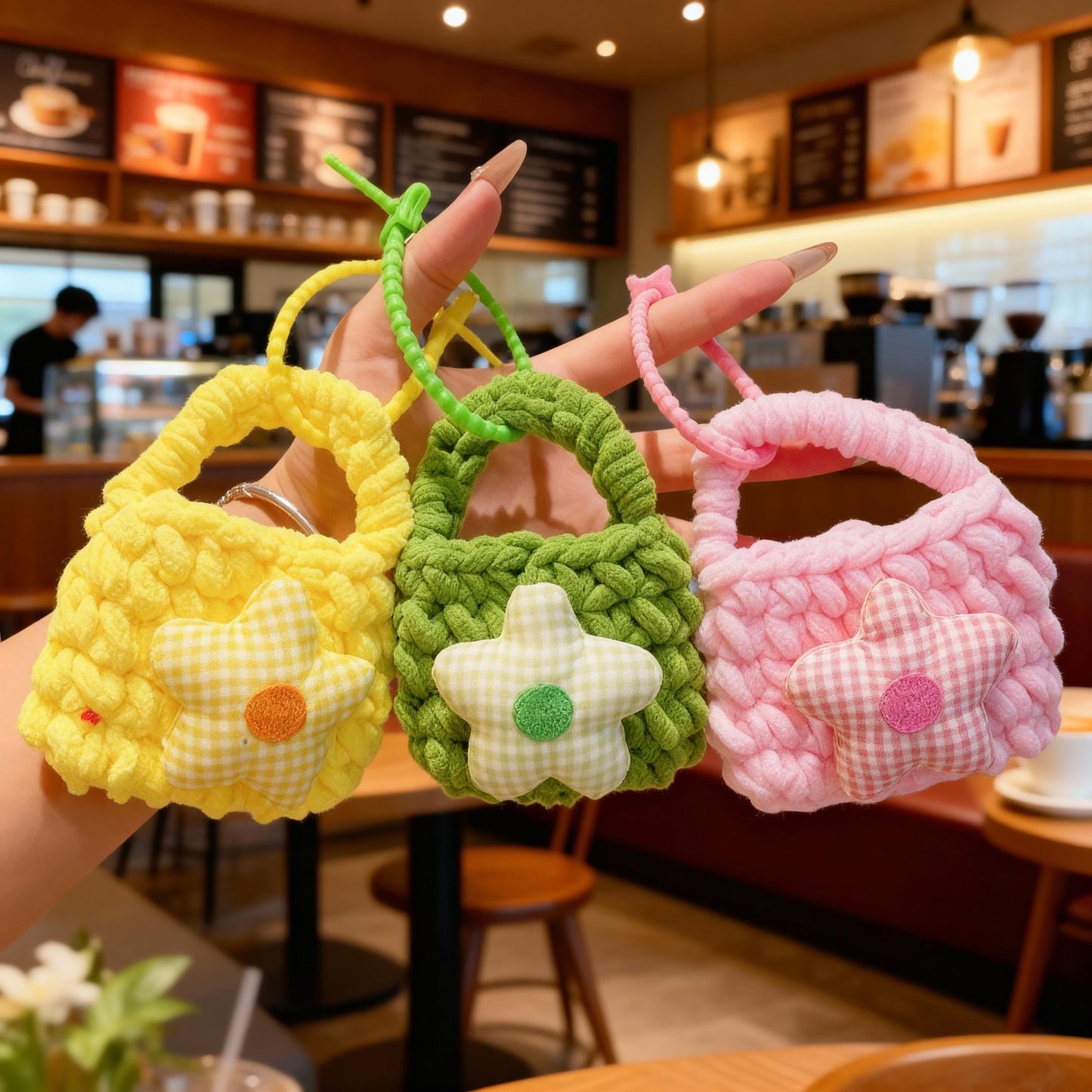 Handmade Crochet Mini Coin Purse, Cute Flower Knit Wallet, Kids Small Pouch, Bluetooth Earbuds Case, Keychain Bag Charm Gift