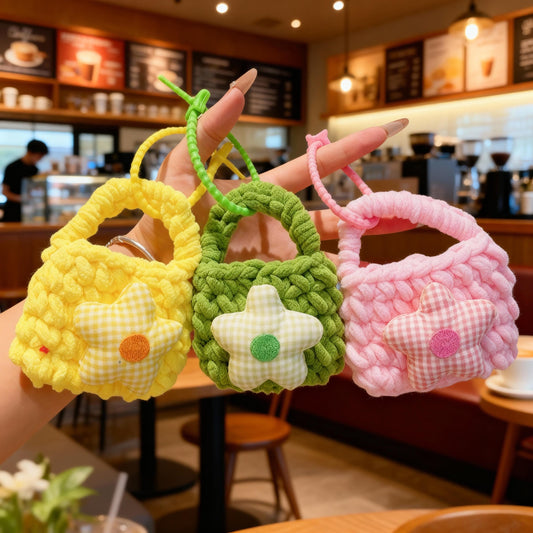 Handmade Crochet Mini Coin Purse, Cute Flower Knit Wallet, Kids Small Pouch, Bluetooth Earbuds Case, Keychain Bag Charm Gift