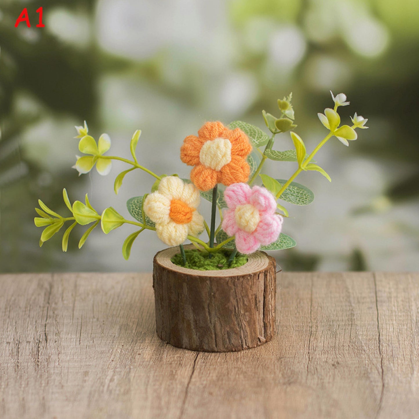 Handmade Crochet Flower Arrangement, Faux Floral Decor with Wooden Base, Cozy Home Decoration