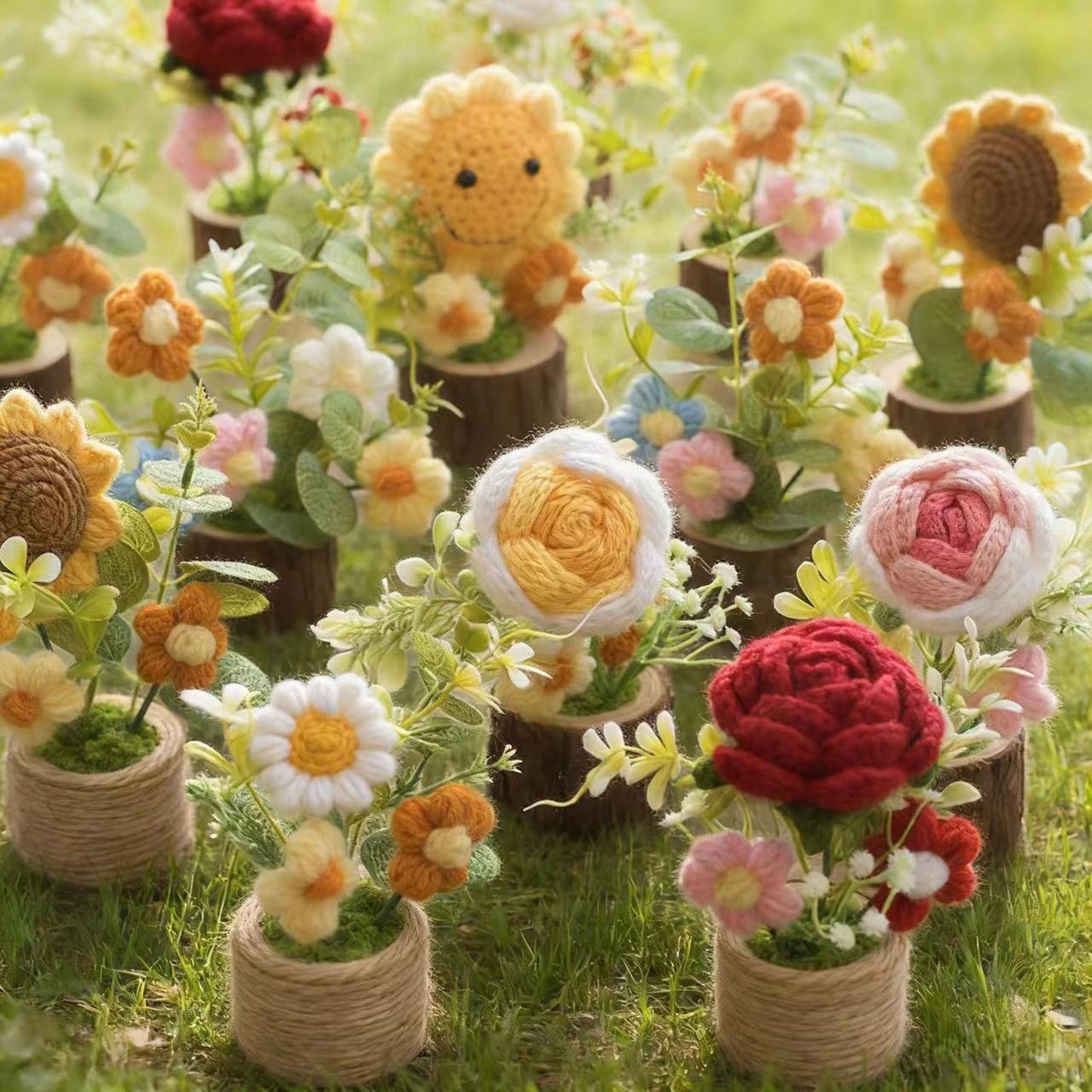 Handmade Crochet Flower Arrangement, Faux Floral Decor with Wooden Base, Cozy Home Decoration