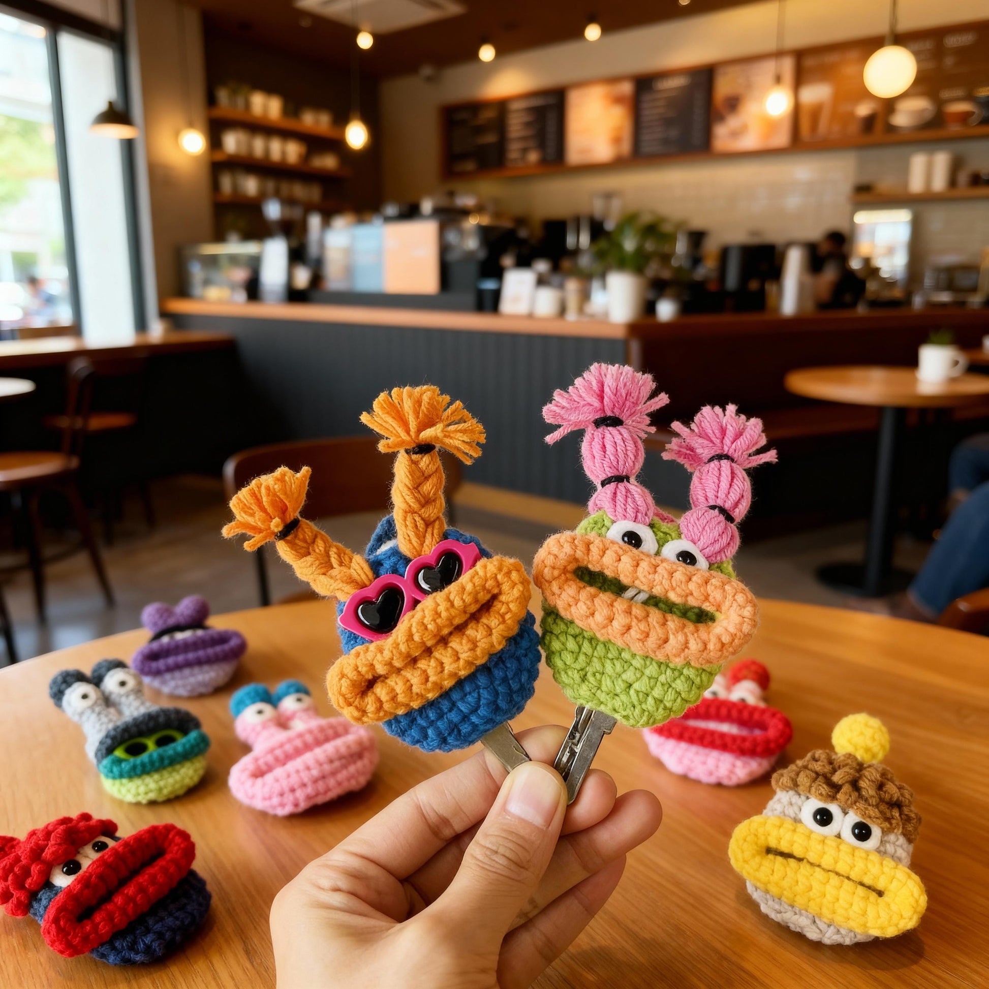 Handmade Crochet Cute Sausage Mouth Key Pouch, Funny Amigurumi Key Case Card Holder, Kawaii Keychain Phone Charm Bag Pendant Gift