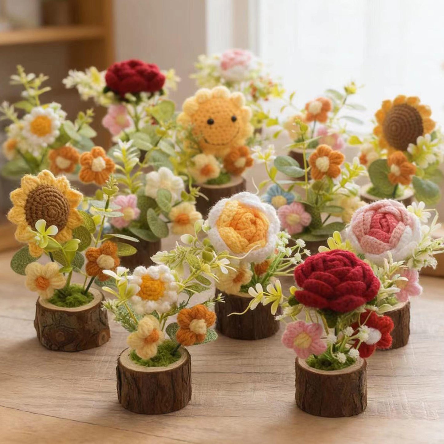 Handmade Crochet Flower Pot Decor, Knitted Faux Floral Arrangement, Cozy Home Table Centerpiece