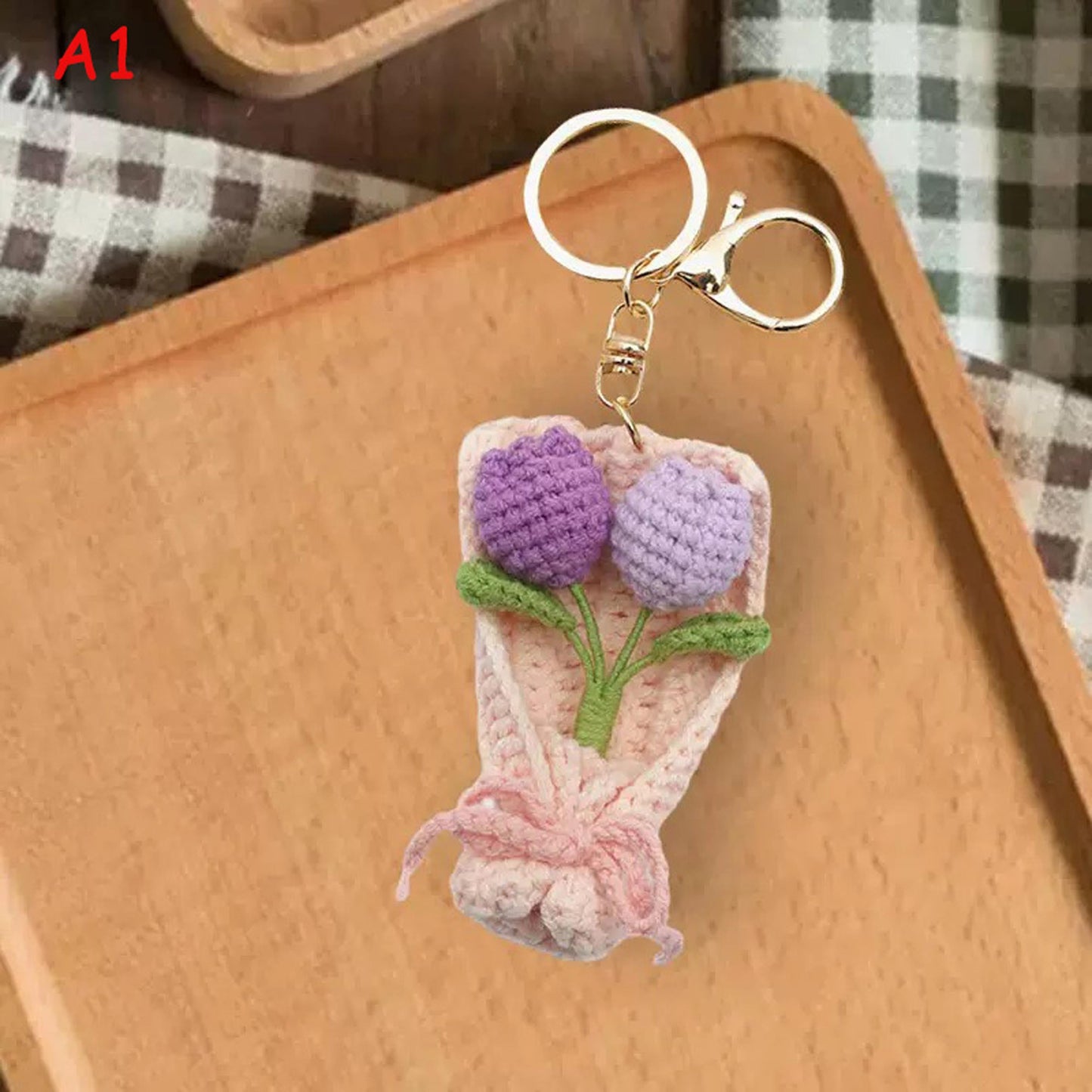 Handmade Crochet Flower Keychain, Mini Knitted Bouquet Keyring, Cute Floral Bag Charm, Gift for Her, Aesthetic Accessories