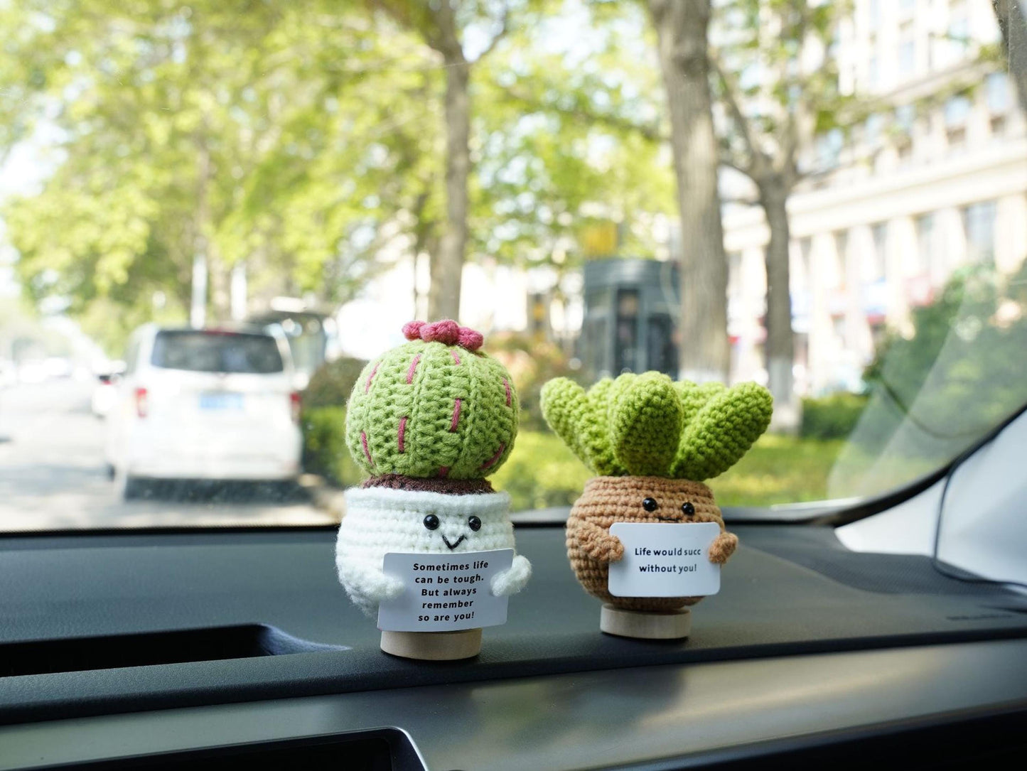 Handmade Crochet Plant Doll Car Decor, Cute Amigurumi Dashboard Ornament, Positive Gift