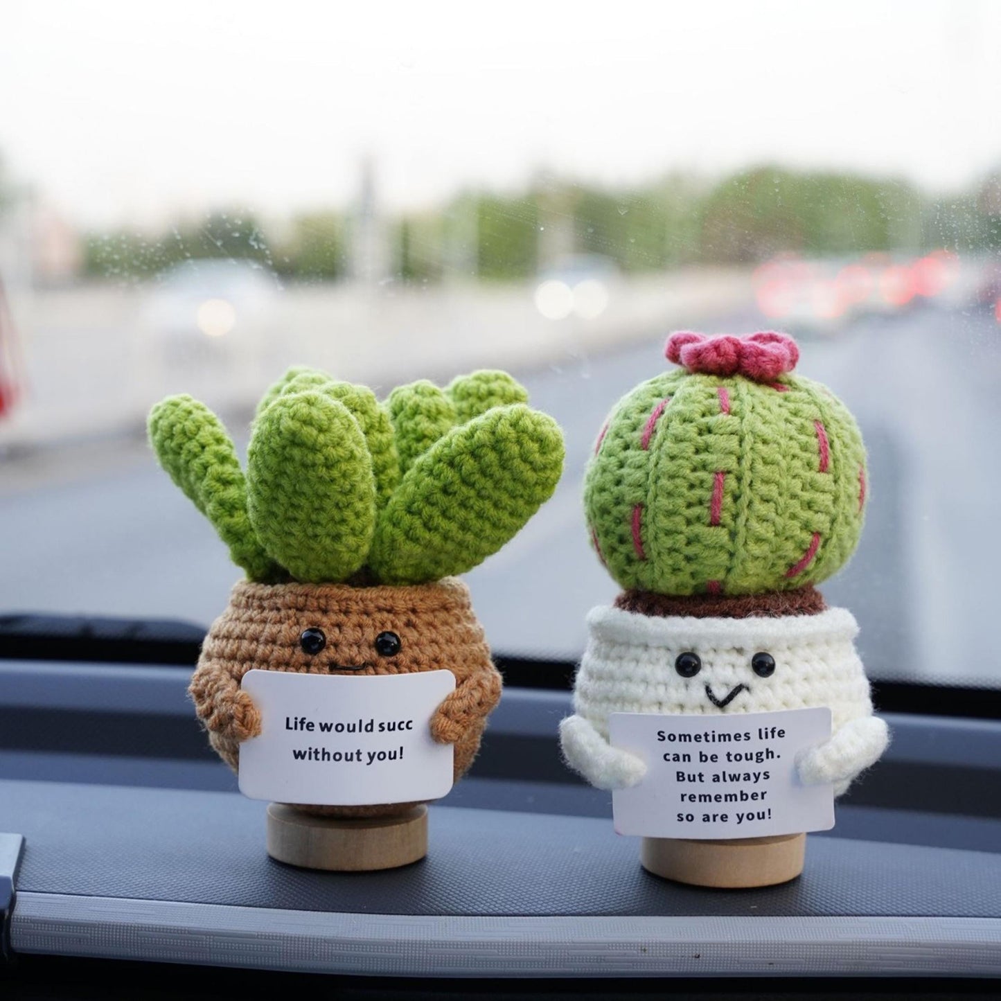 Handmade Crochet Plant Doll Car Decor, Cute Amigurumi Dashboard Ornament, Positive Gift