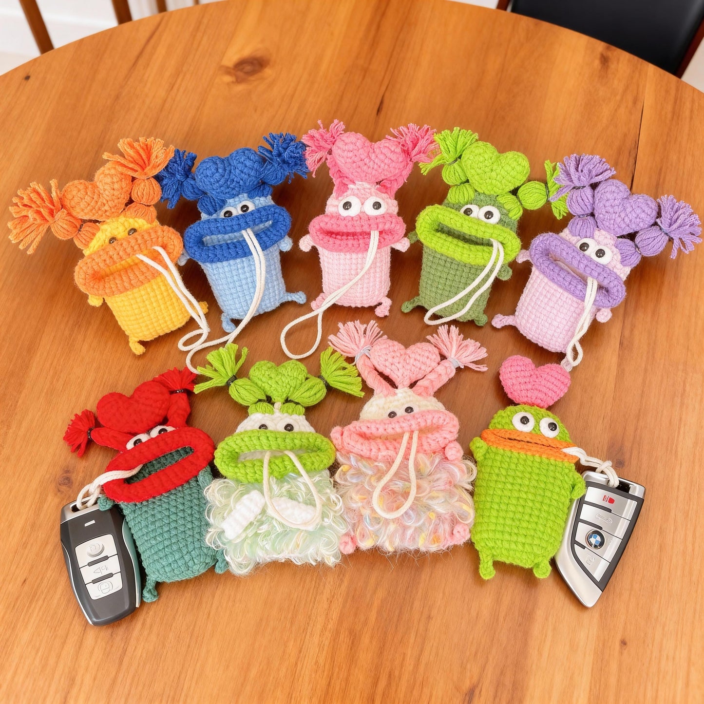 Handmade Crochet Cute Sausage Mouth Car Key Cover, Kawaii Knitted Key Protector, Bag Charm Keychain, Phone Charm Gift