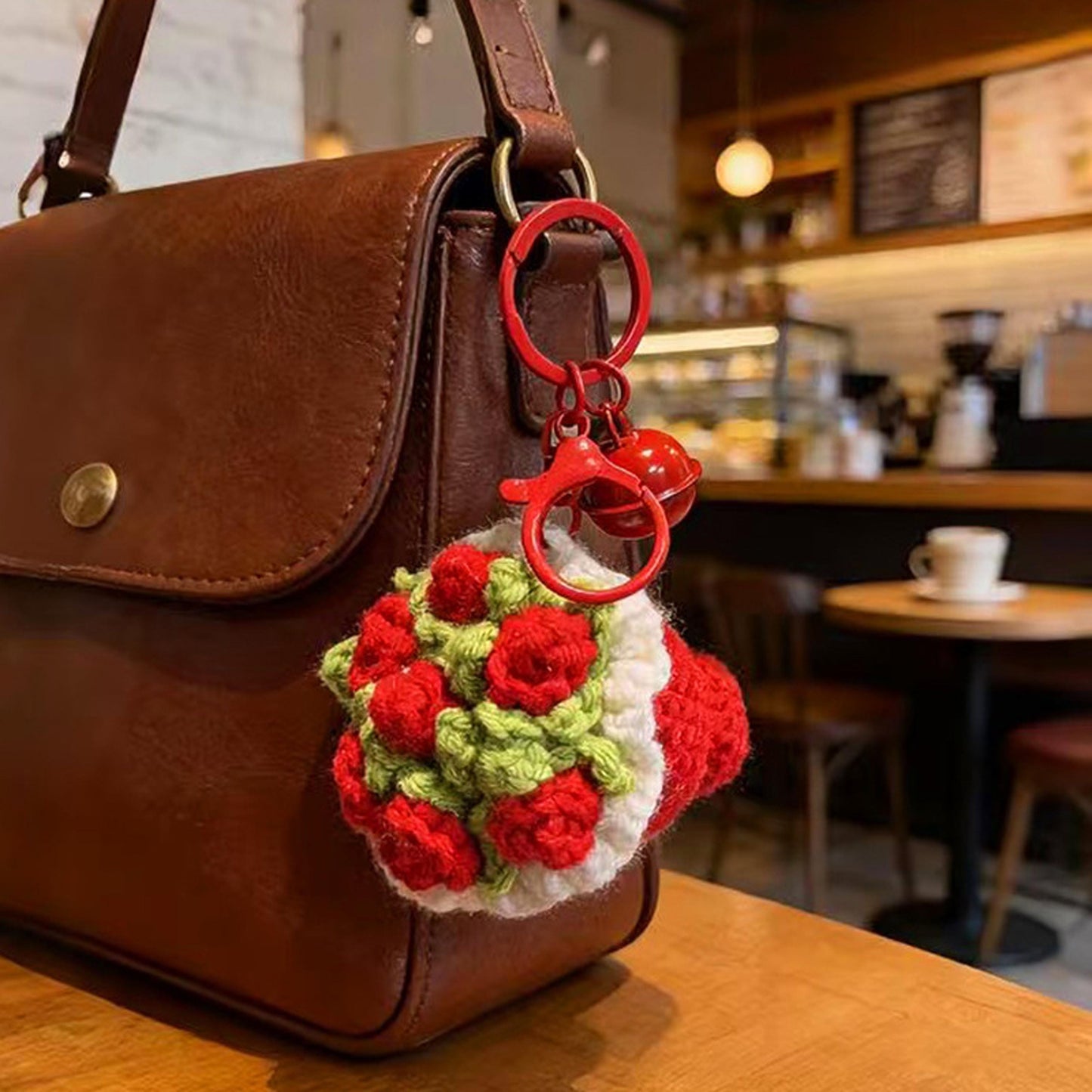 Handmade Crochet Flower Bouquet Keychain, Cute Yarn Knitted Floral Bag Charm, Boho Gift for Her