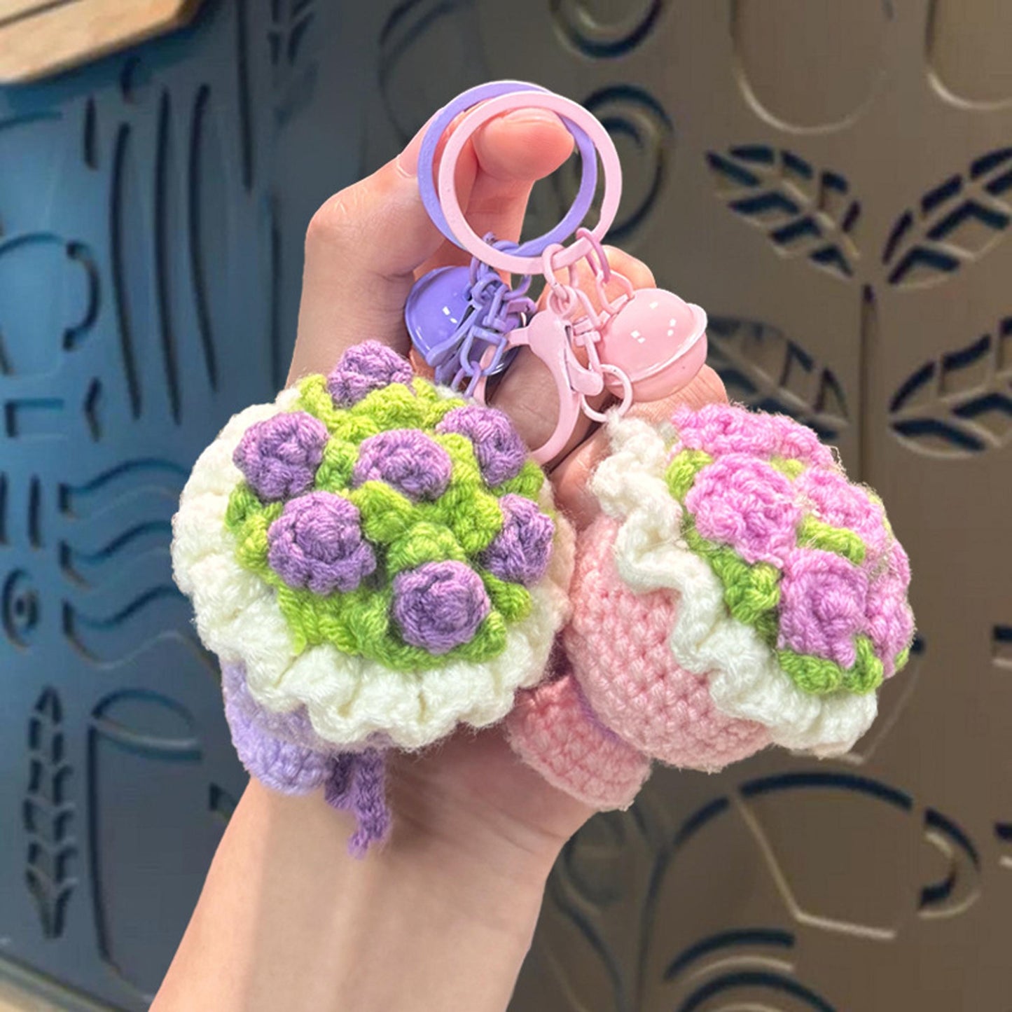 Handmade Crochet Flower Bouquet Keychain, Cute Yarn Knitted Floral Bag Charm, Boho Gift for Her