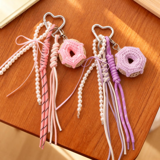 Handmade Crochet Donut Keychain, Knitted Rope Bag Charm, Cute Yarn Phone Strap, Pearl Tassel Key Ring, Aesthetic Gift for Her