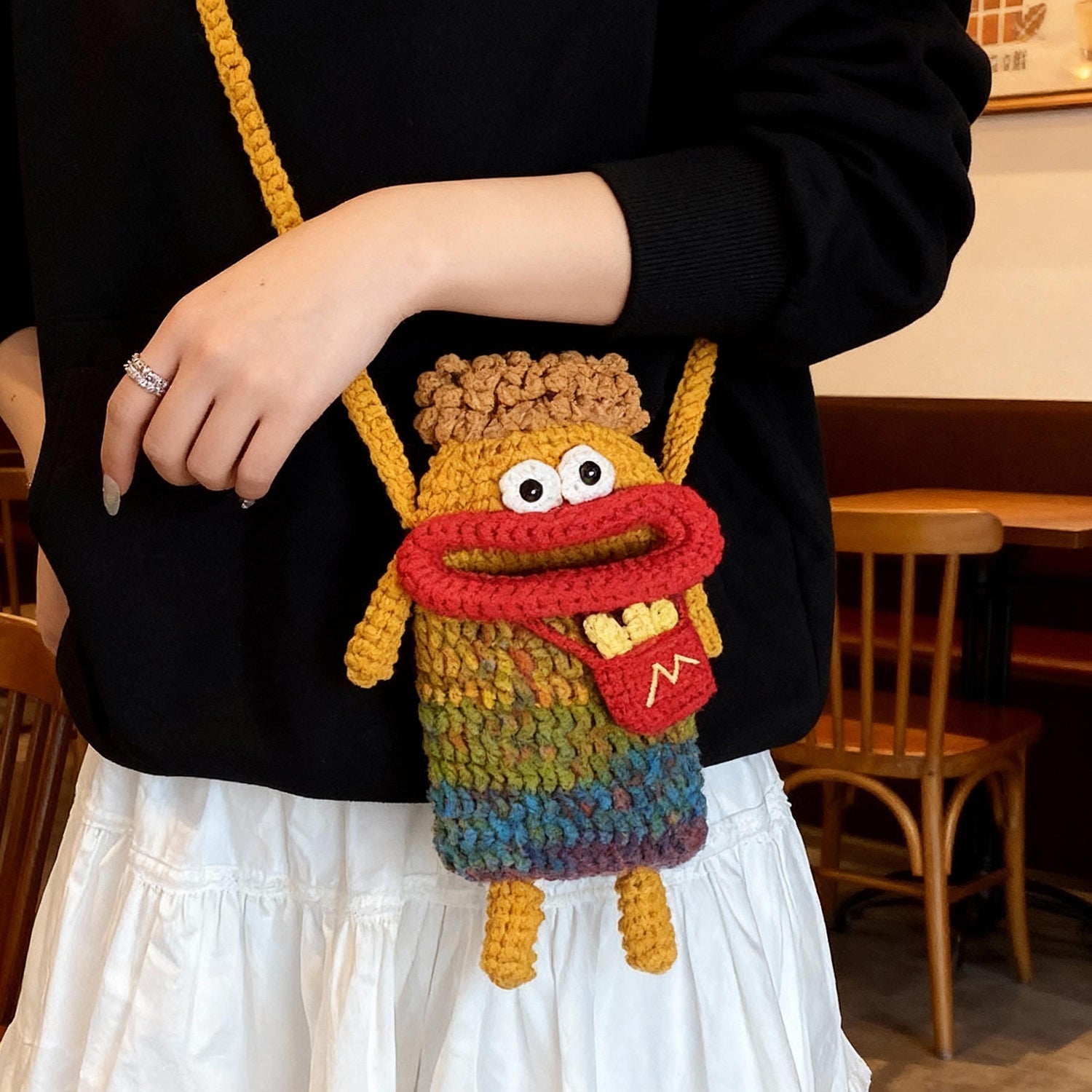 Handmade Crochet Sausage Lips Coin Purse, Cute Funny Fries Crossbody Bag, Gradient Yarn Kids Shoulder Bag