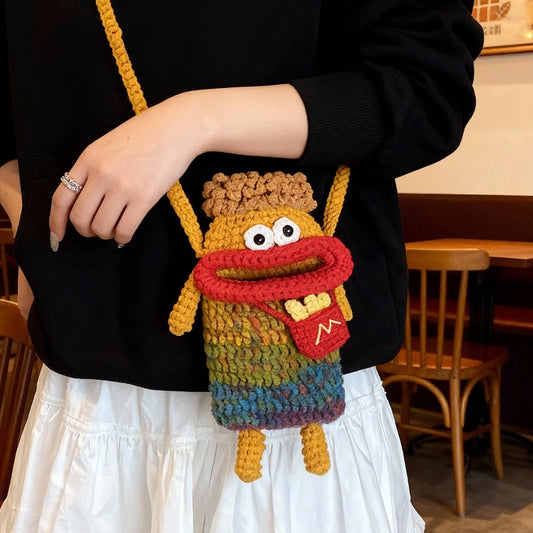 Handmade Crochet Sausage Lips Coin Purse, Cute Funny Fries Crossbody Bag, Gradient Yarn Kids Shoulder Bag