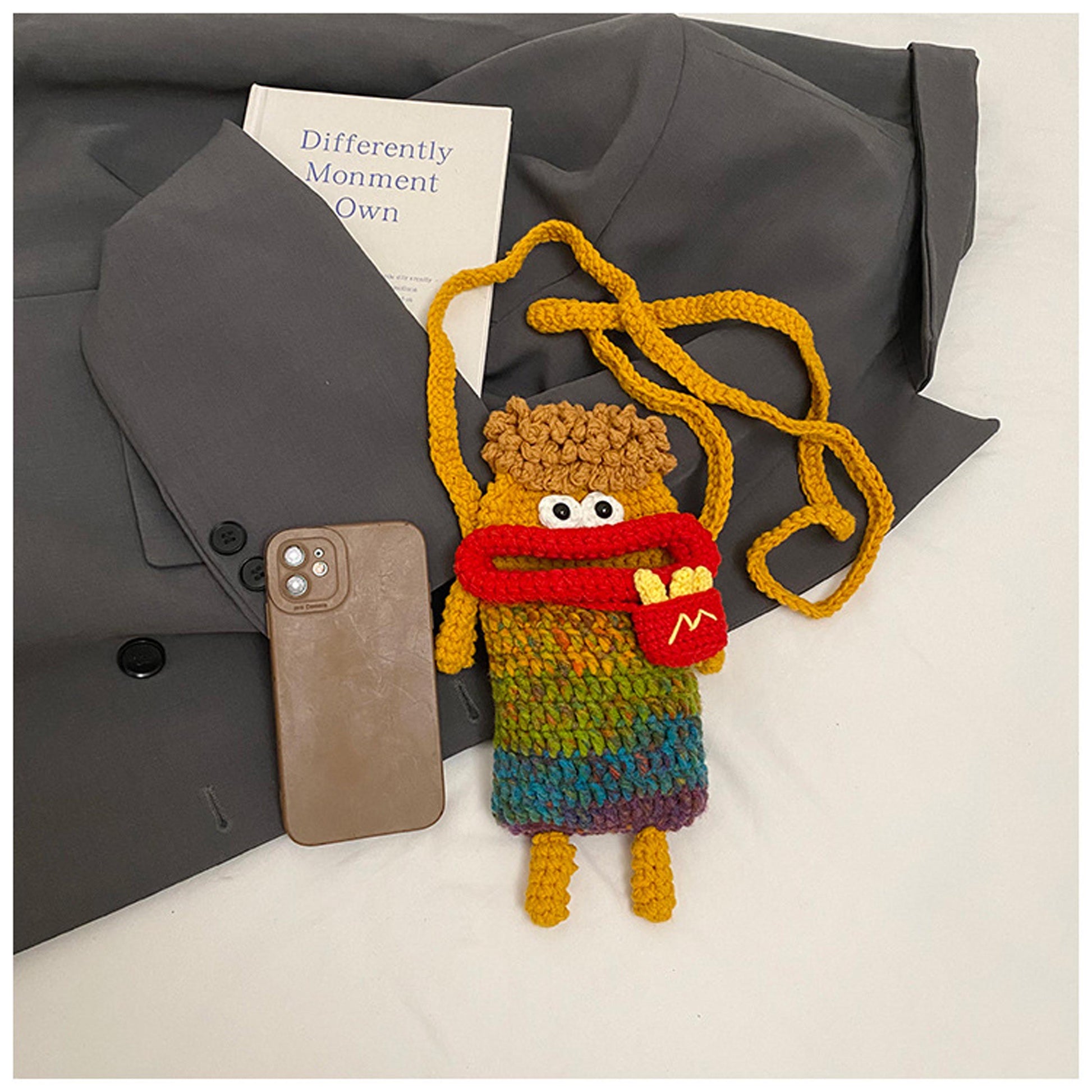 Handmade Crochet Sausage Lips Coin Purse, Cute Funny Fries Crossbody Bag, Gradient Yarn Kids Shoulder Bag