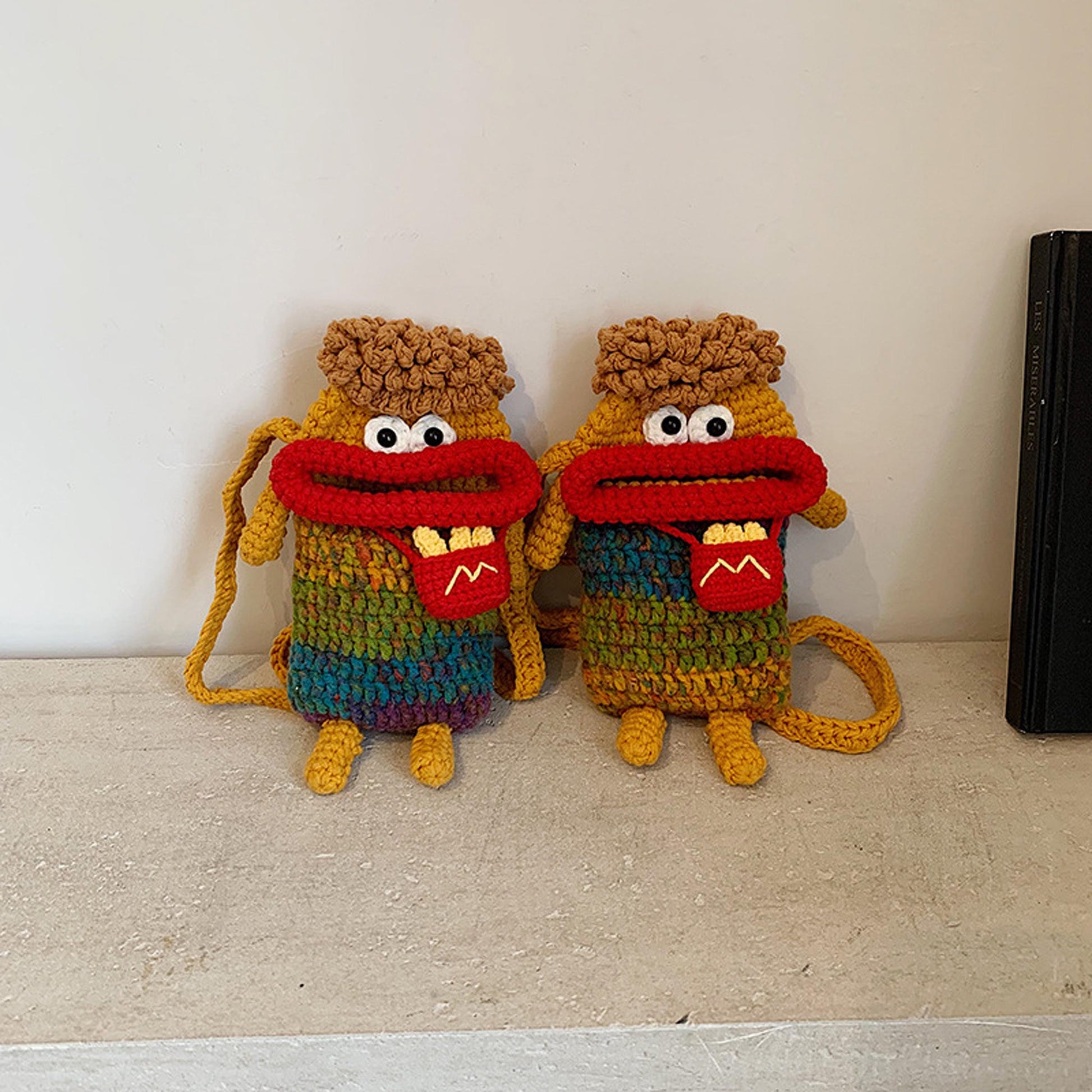 Handmade Crochet Sausage Lips Coin Purse, Cute Funny Fries Crossbody Bag, Gradient Yarn Kids Shoulder Bag