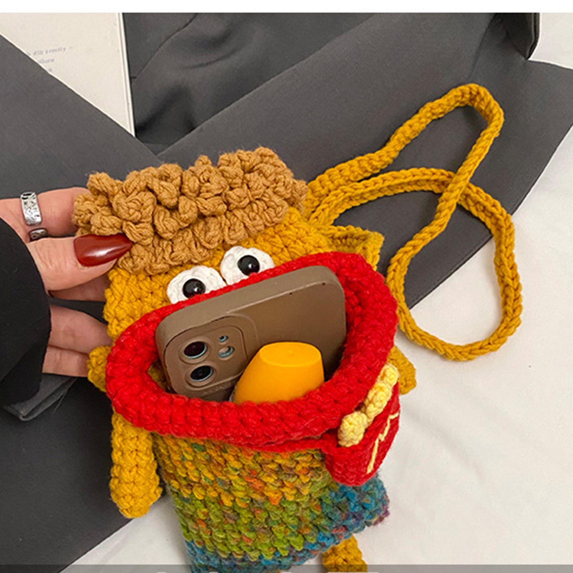 Handmade Crochet Sausage Lips Coin Purse, Cute Funny Fries Crossbody Bag, Gradient Yarn Kids Shoulder Bag