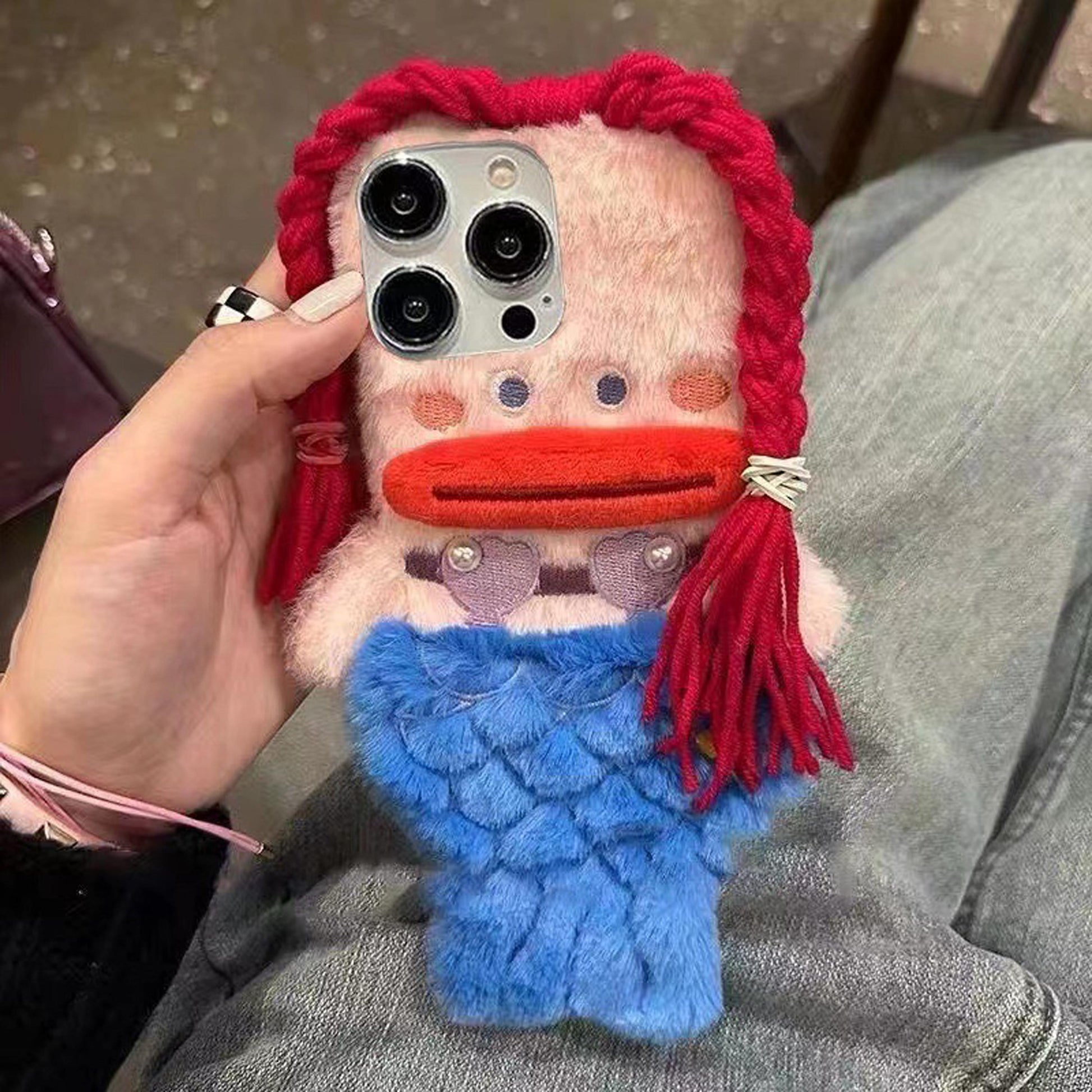 Handmade Plush Mermaid iPhone Case,Cute Sausage Lips Design,For All iPhone Models, DIY Braided Hairstyle Phone Case, iPhone 17 Pro Max