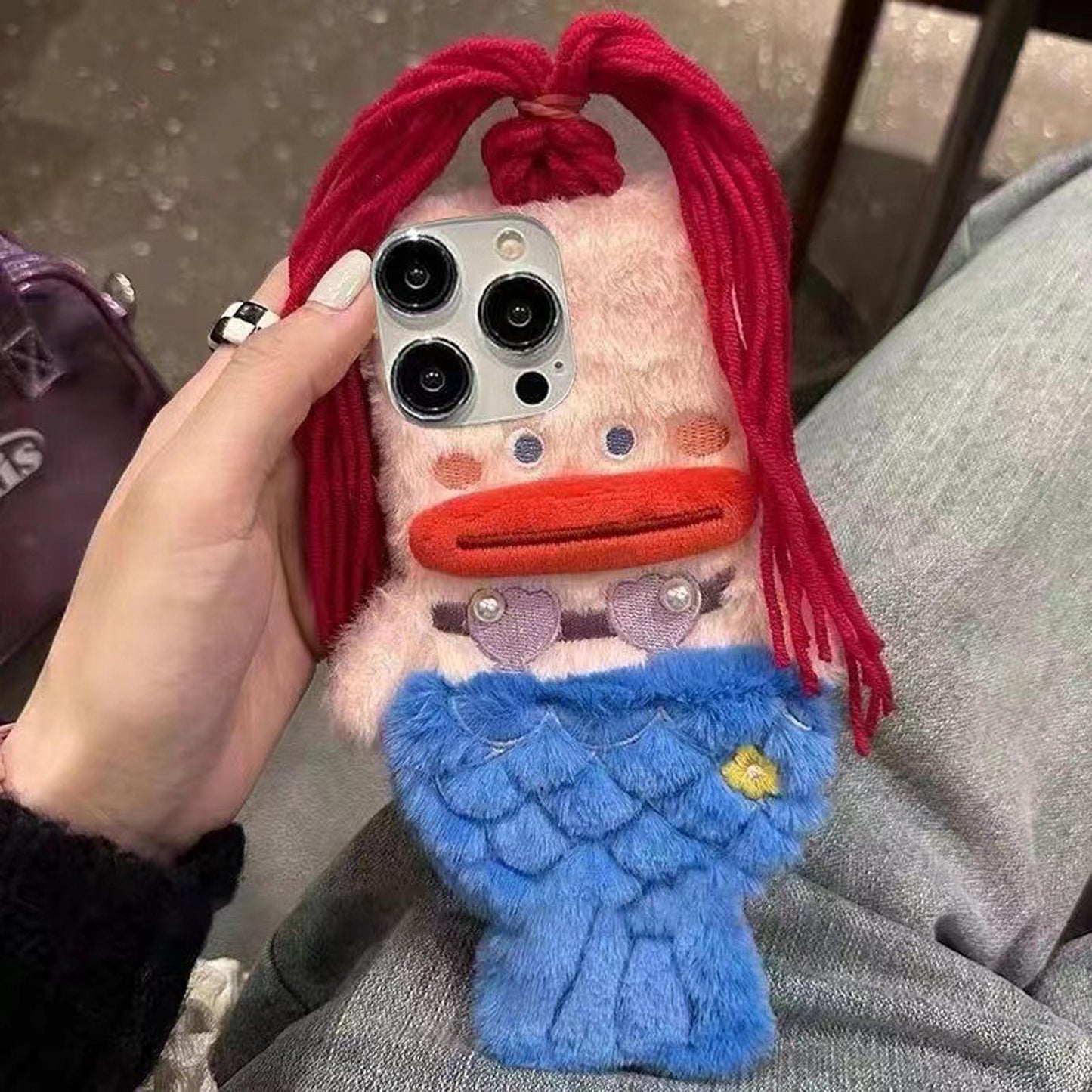 Handmade Plush Mermaid iPhone Case,Cute Sausage Lips Design,For All iPhone Models, DIY Braided Hairstyle Phone Case, iPhone 17 Pro Max