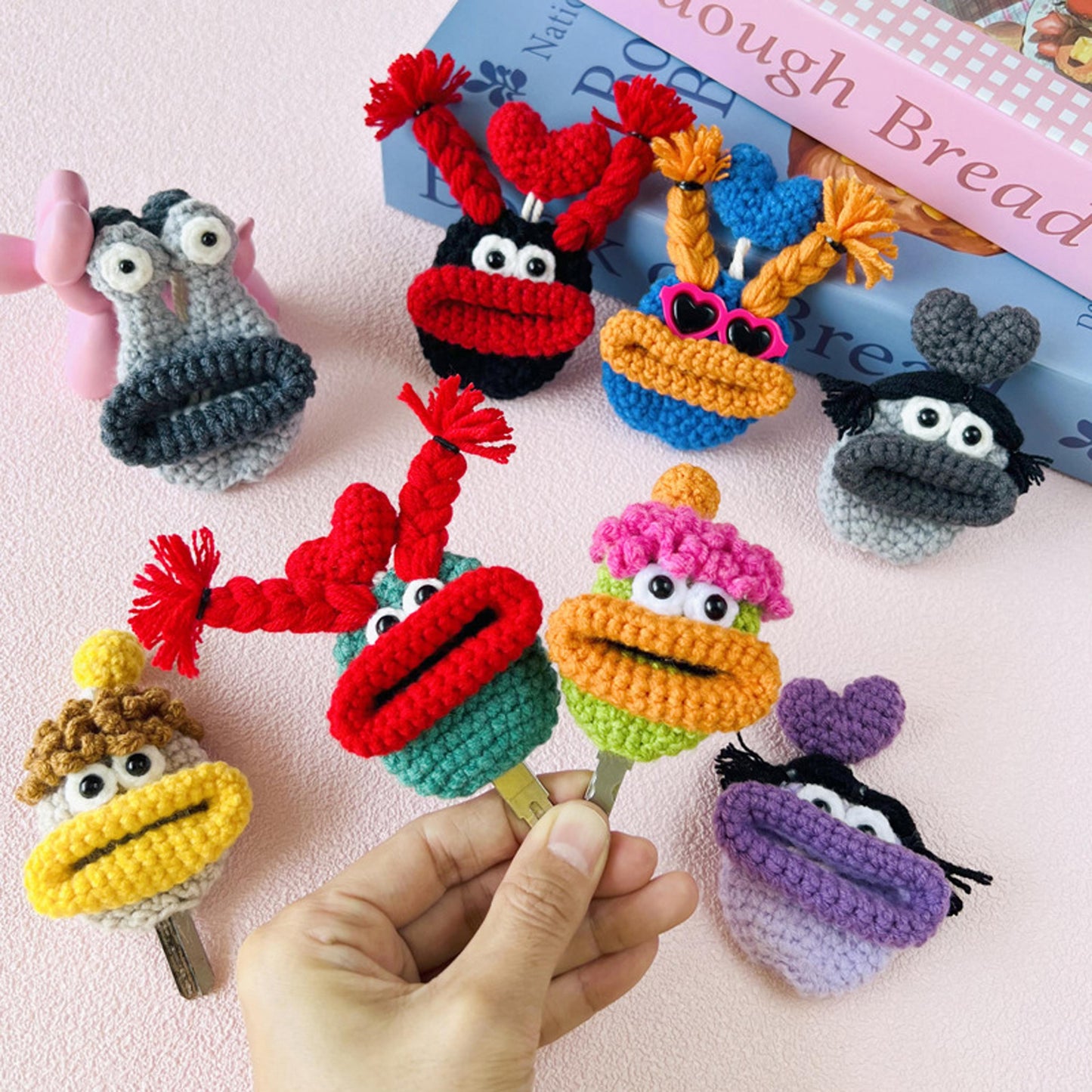 Handmade Crochet Cute Sausage Mouth Key Pouch, Funny Amigurumi Key Case Card Holder, Kawaii Keychain Phone Charm Bag Pendant Gift