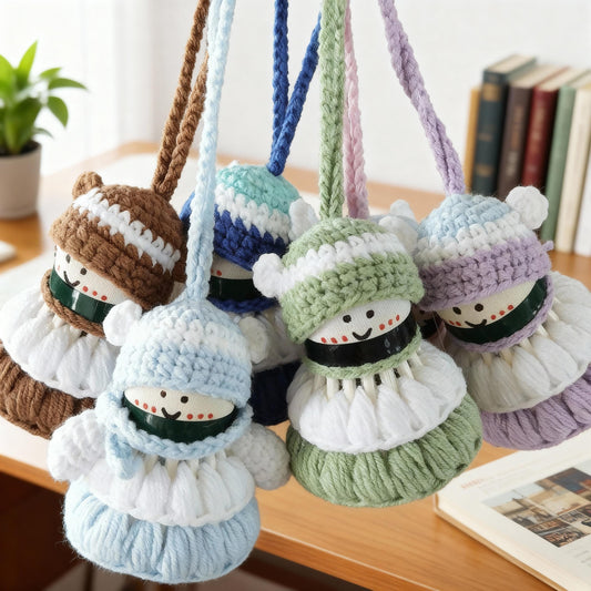 Handmade Crochet Snowman Shuttlecock Keychain, Cute Yarn Knit Winter Bag Charm, Phone Pendant, Christmas Gift Idea