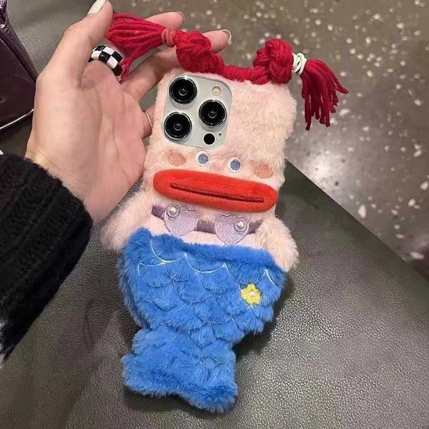 Handmade Plush Mermaid iPhone Case,Cute Sausage Lips Design,For All iPhone Models, DIY Braided Hairstyle Phone Case, iPhone 17 Pro Max