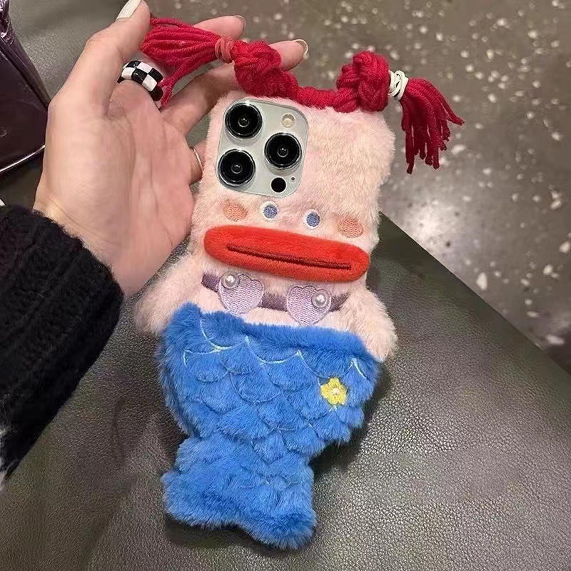 Handmade Plush Mermaid iPhone Case,Cute Sausage Lips Design,For All iPhone Models, DIY Braided Hairstyle Phone Case, iPhone 17 Pro Max