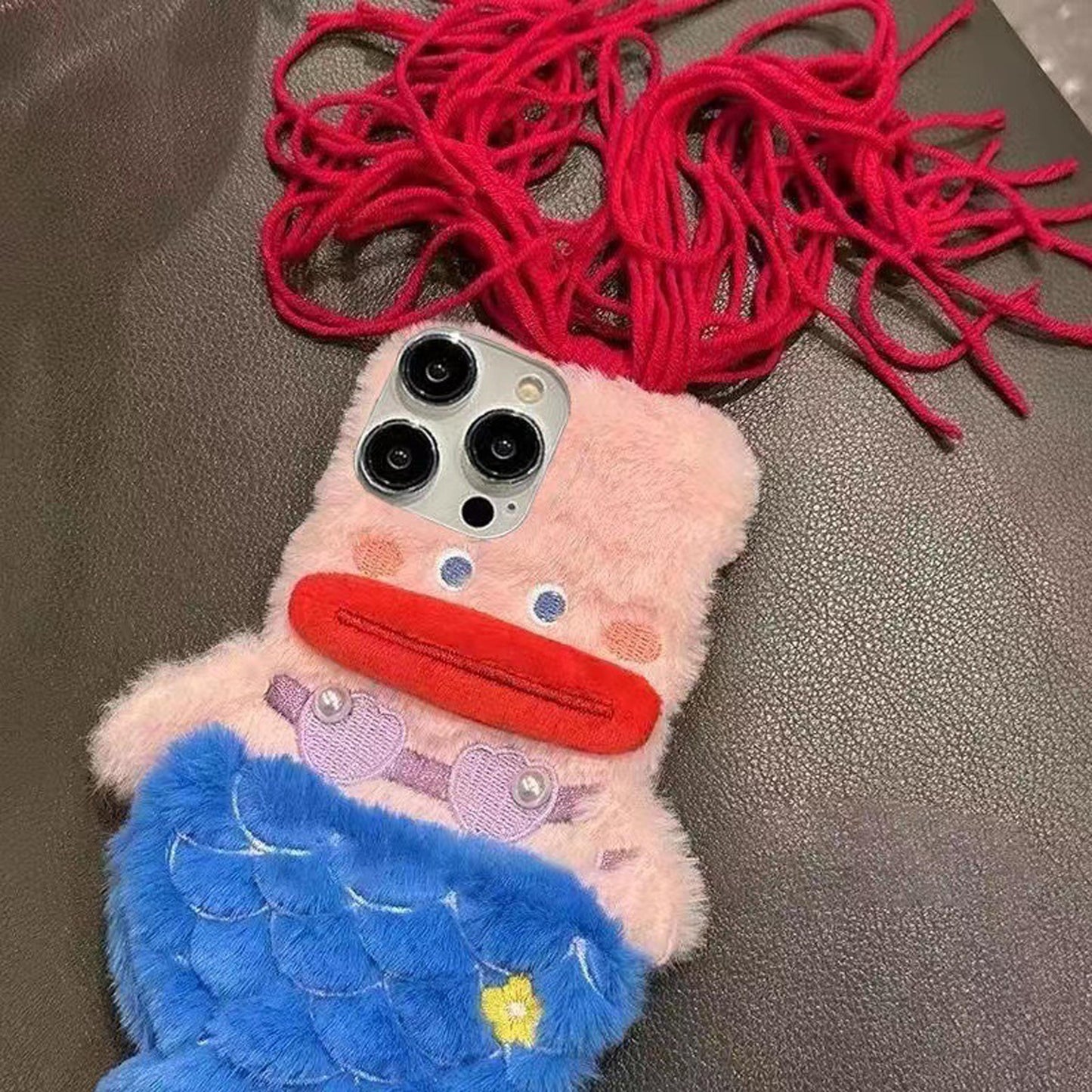 Handmade Plush Mermaid iPhone Case,Cute Sausage Lips Design,For All iPhone Models, DIY Braided Hairstyle Phone Case, iPhone 17 Pro Max