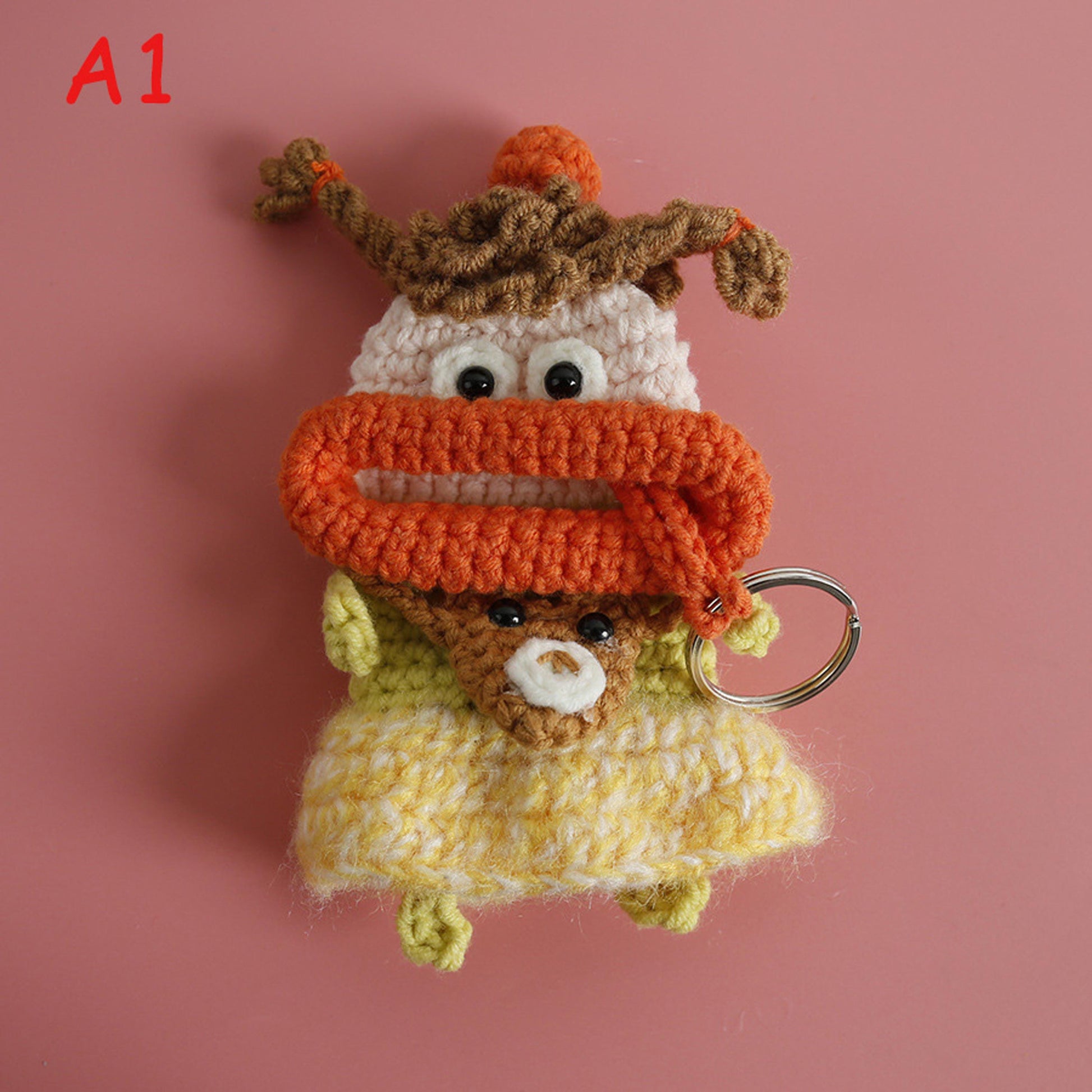 Handmade Crochet Big Lips Car Key Cover, Cute Flower Dress Girl Drawstring Key Holder, Knitted Key Protector Pouch, Bag Charm Keychain