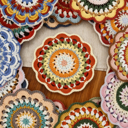 Boho Crochet Coaster Set Handmade Colorful Knit Cup Mat Round Yarn Doily Bohemian Home Decor Rustic Table Decoration Gift,Mother’s Day gift