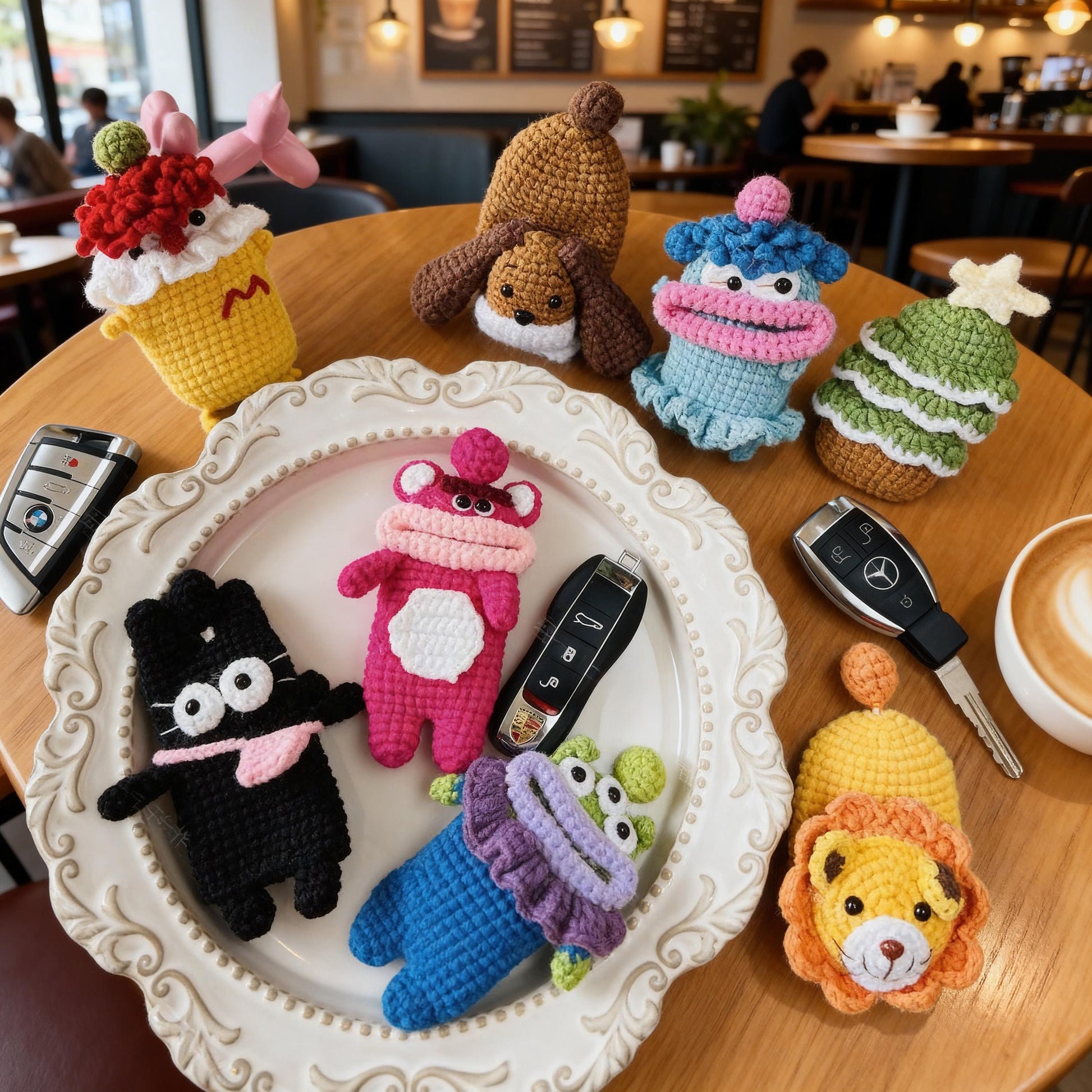 Handmade Crochet Car Key Cover Cute Cartoon Key Holder Bag, Knitted Car Key Case, Funny Sausage Mouth Key Pouch, Kawaii Keychain Bag Charm