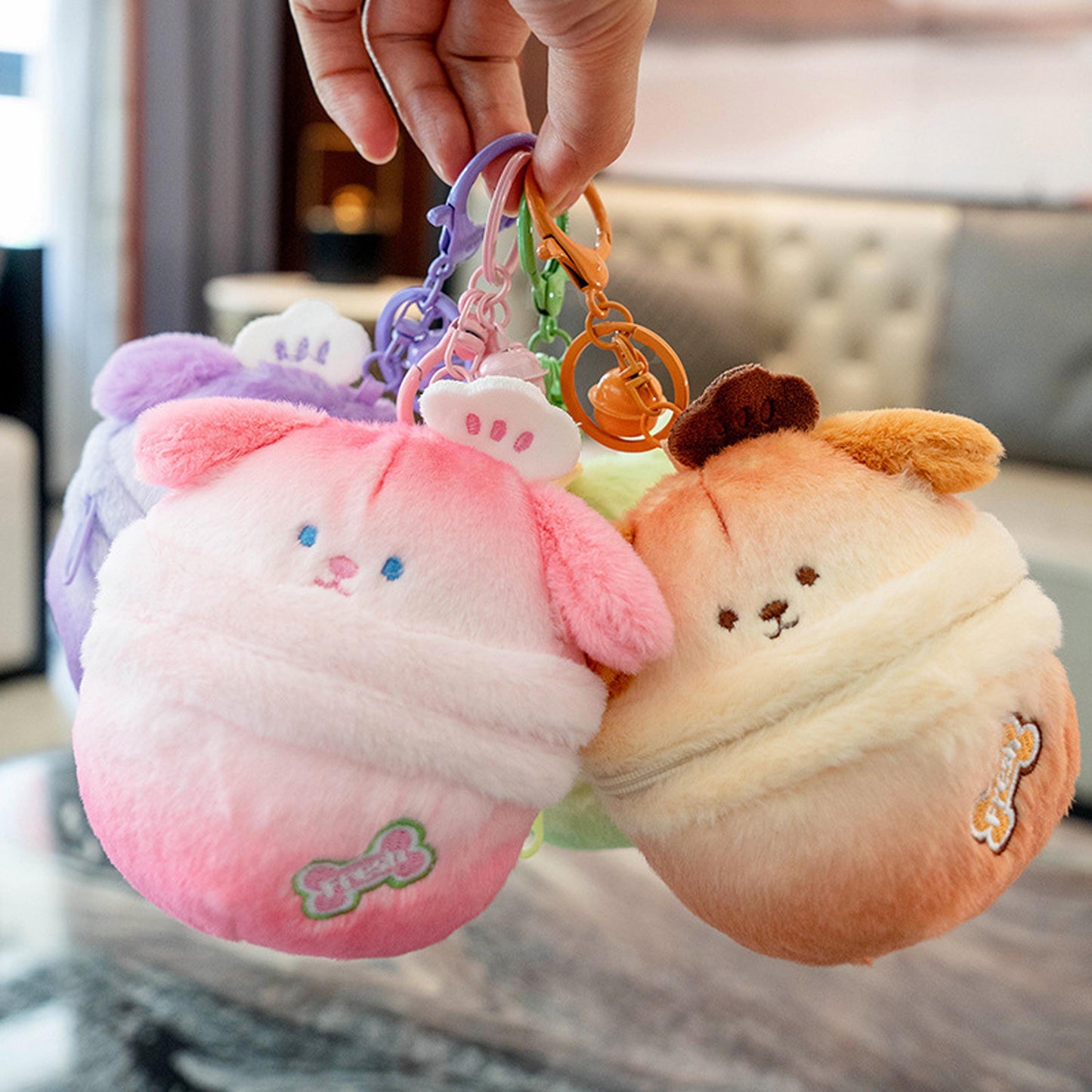 Cute Bunny Plush Keychain, Puppy & Kitty Stuffed Toy Bag Charm, Kawaii Animal Plush Key Ring, Backpack Pendant Set, Cute Plush Doll Keychain