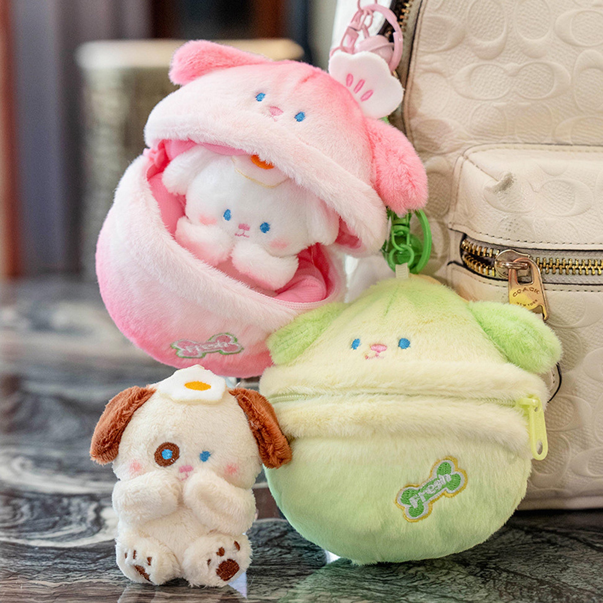 Cute Bunny Plush Keychain, Puppy & Kitty Stuffed Toy Bag Charm, Kawaii Animal Plush Key Ring, Backpack Pendant Set, Cute Plush Doll Keychain