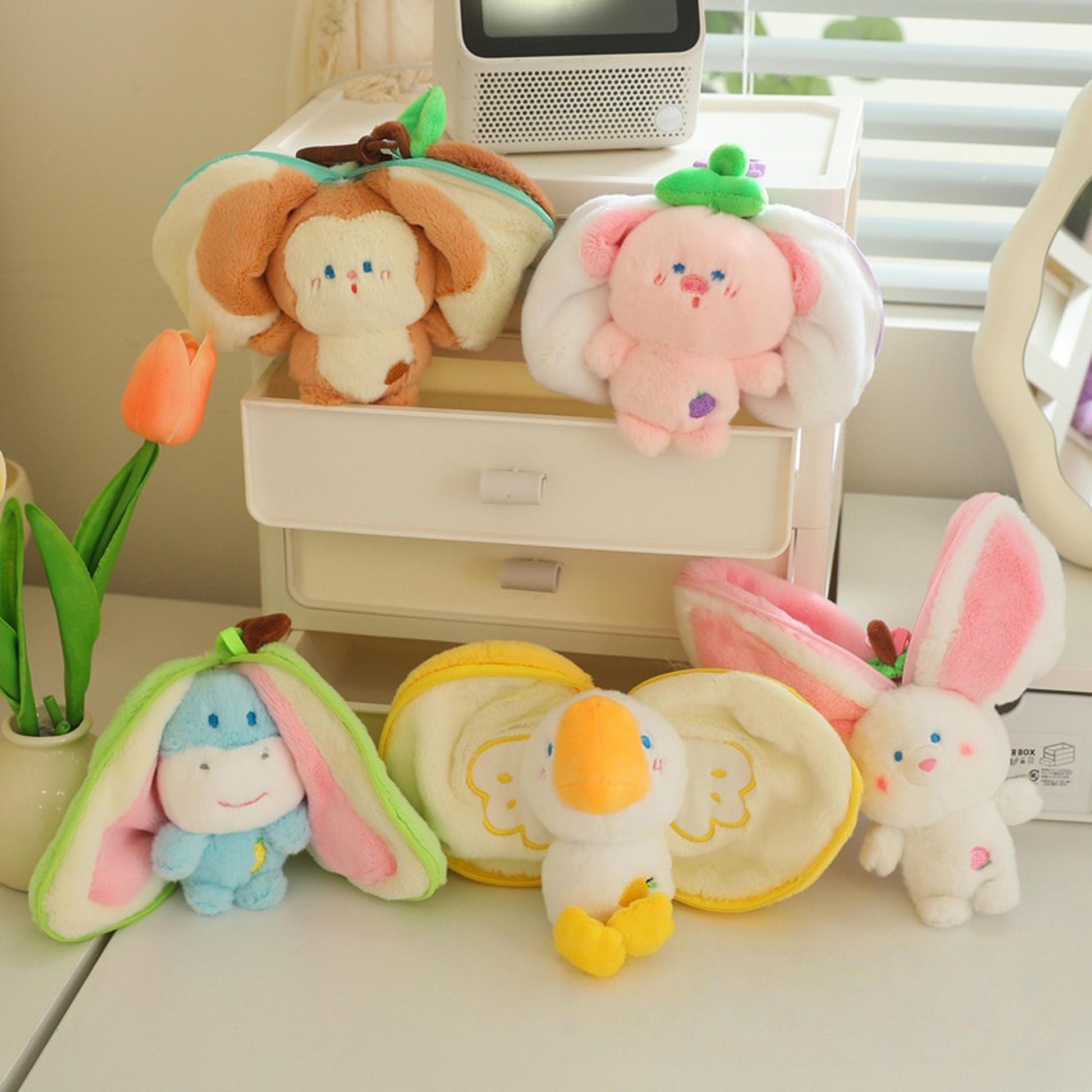 Cute Fruit Transforming Animal Keychain Transforming Peach Bunny Plush ,Kawaii Fruit Rabbit Doll Keyring,Peeling Peach Bunny Plush Toy
