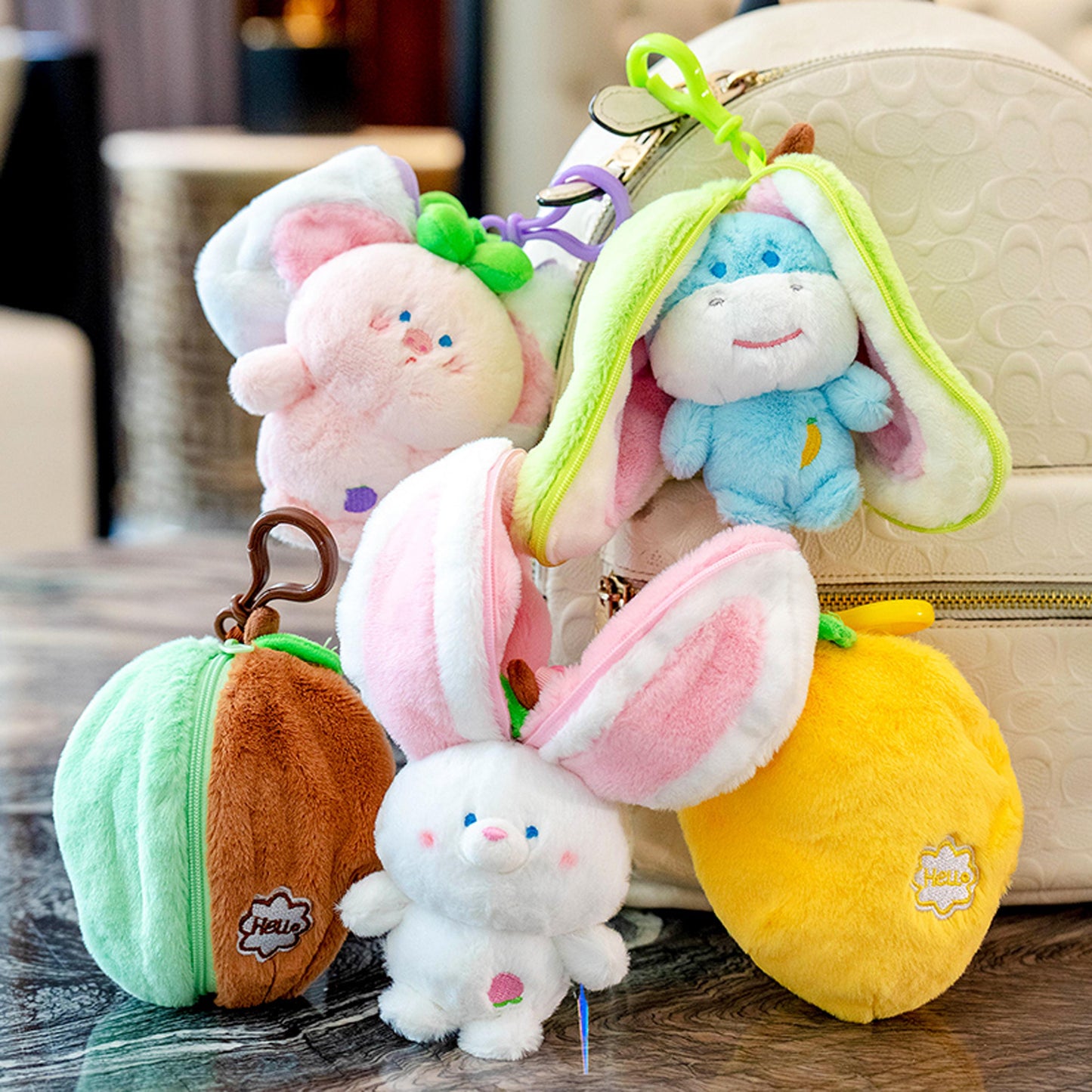 Cute Fruit Transforming Animal Keychain Transforming Peach Bunny Plush ,Kawaii Fruit Rabbit Doll Keyring,Peeling Peach Bunny Plush Toy