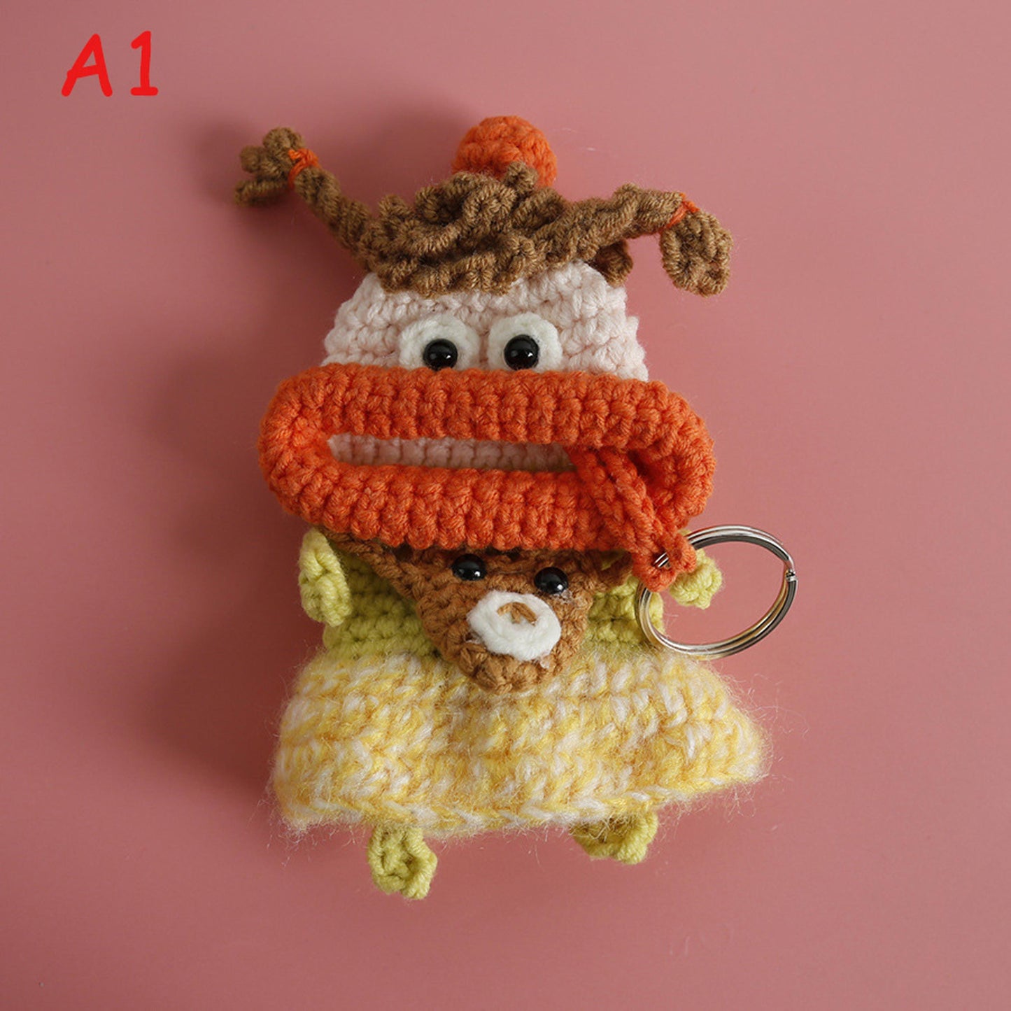 Handmade Knitted Sausage Lips Car Key Cover, Cute Flower Dress Girl Drawstring Key Case, Crochet Key Protector, Bag Charm Keychain Gift