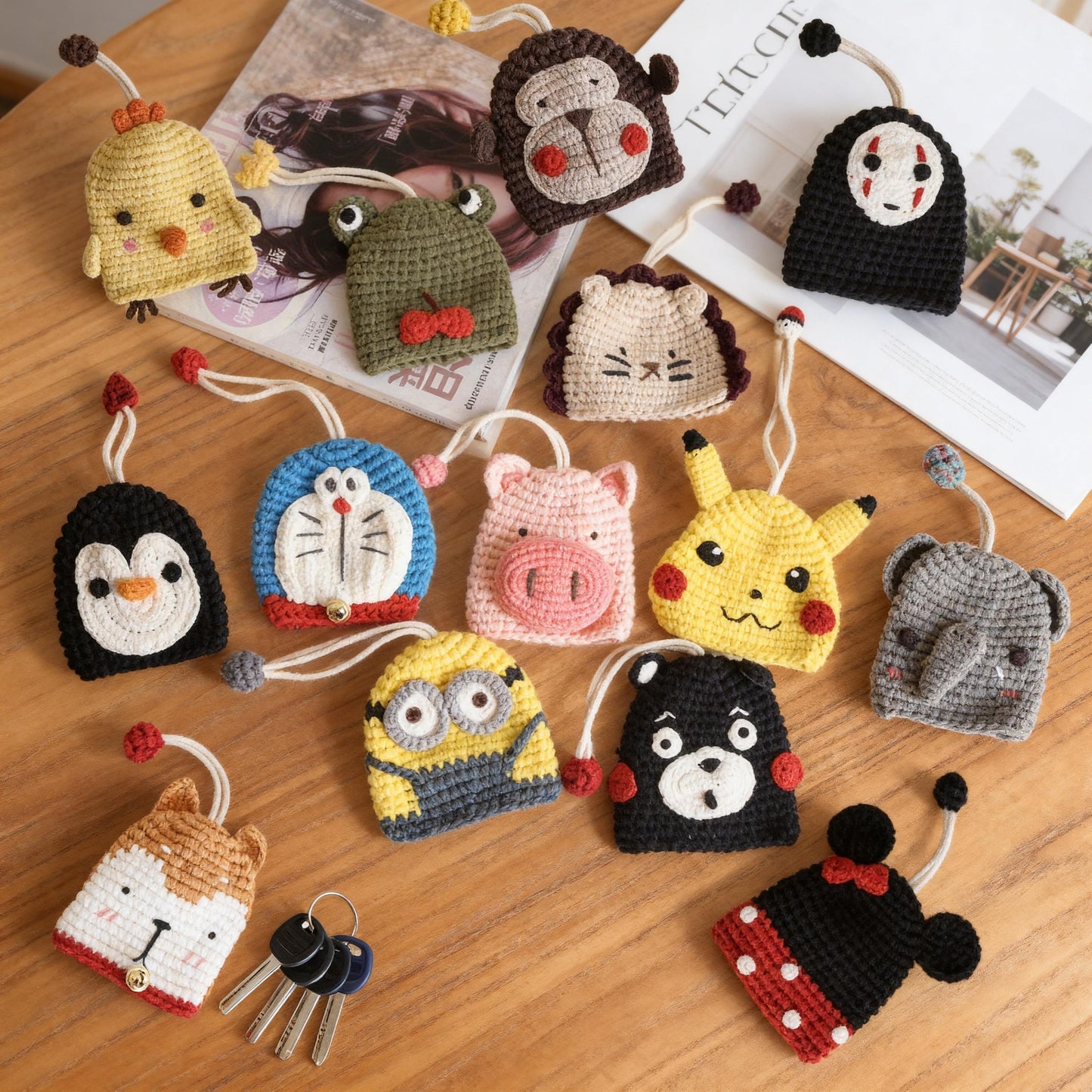 Handmade Crochet Cartoon Key Pouch,Cute Knitted Car Key Cover for Women, Anime Inspired Key Holder, Handwoven Key Protector Bag Gift for Her