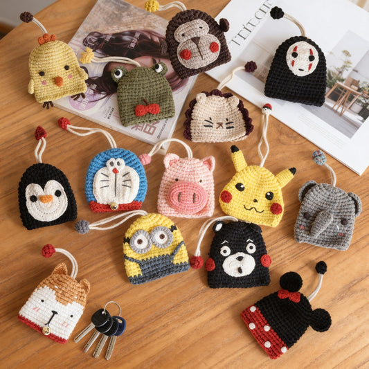 Handmade Crochet Cartoon Key Pouch,Cute Knitted Car Key Cover for Women, Anime Inspired Key Holder, Handwoven Key Protector Bag Gift for Her